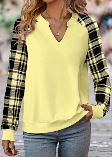 Plus Size Light Yellow Split Plaid Long Sleeve Sweatshirt 32$