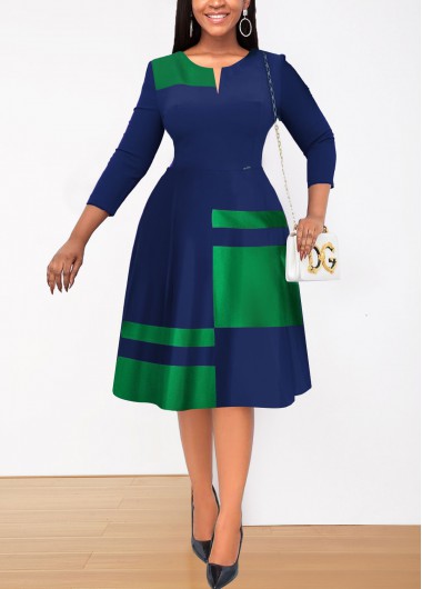 Geometric Print Patchwork Navy Zipper Dress 36$
