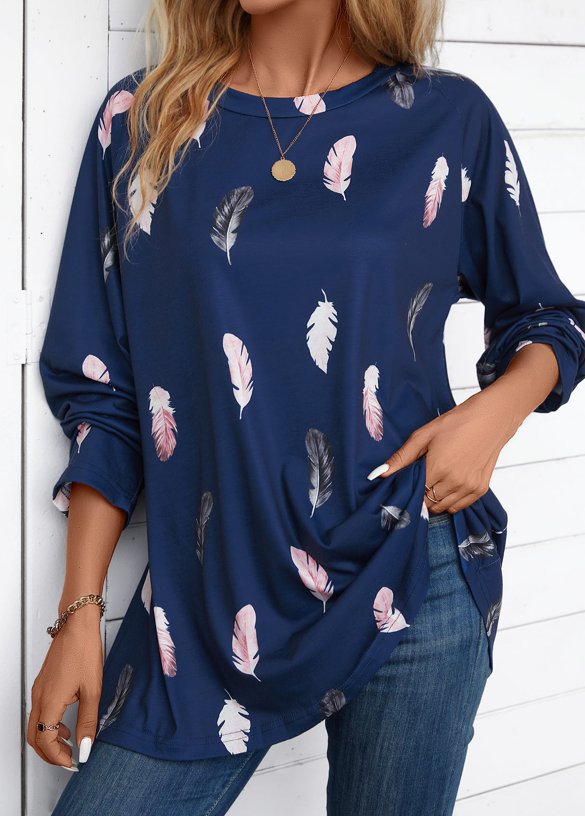 Feathers Print Navy Extra Long Sleeve Round Neck Blouse