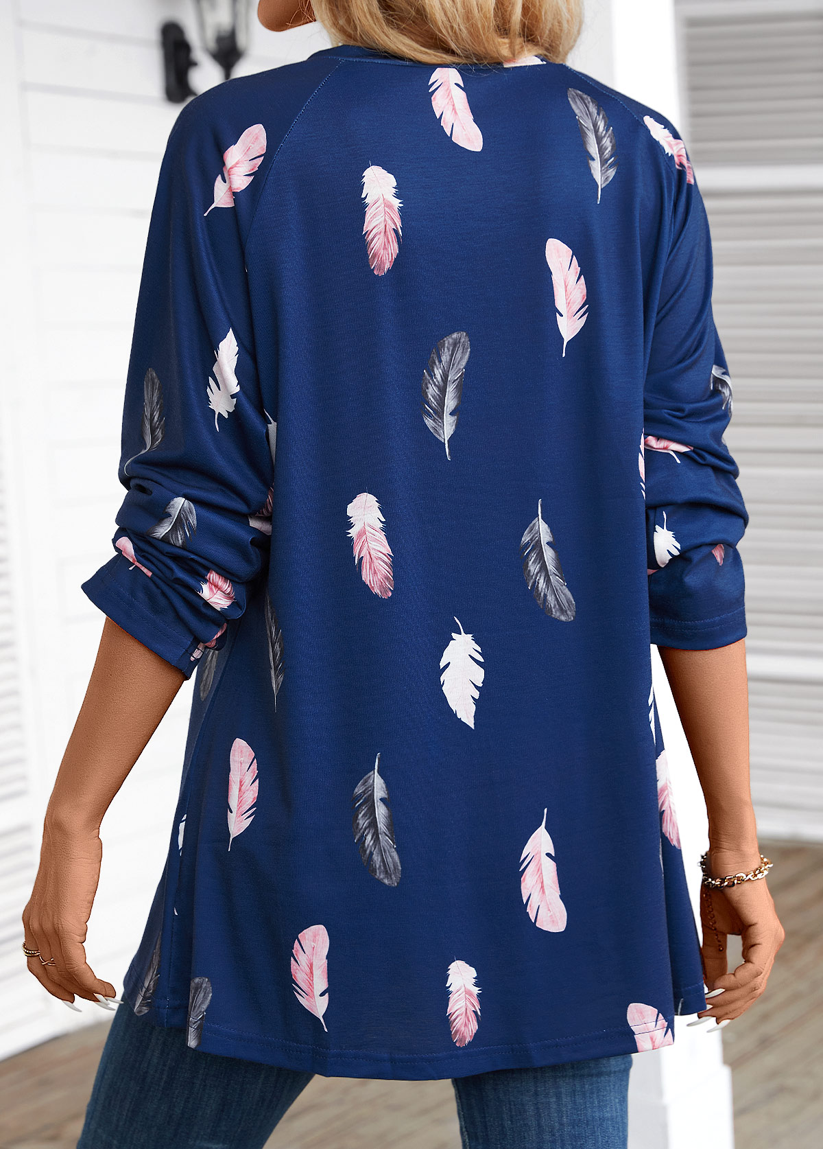 Feathers Print Navy Extra Long Sleeve Round Neck Blouse