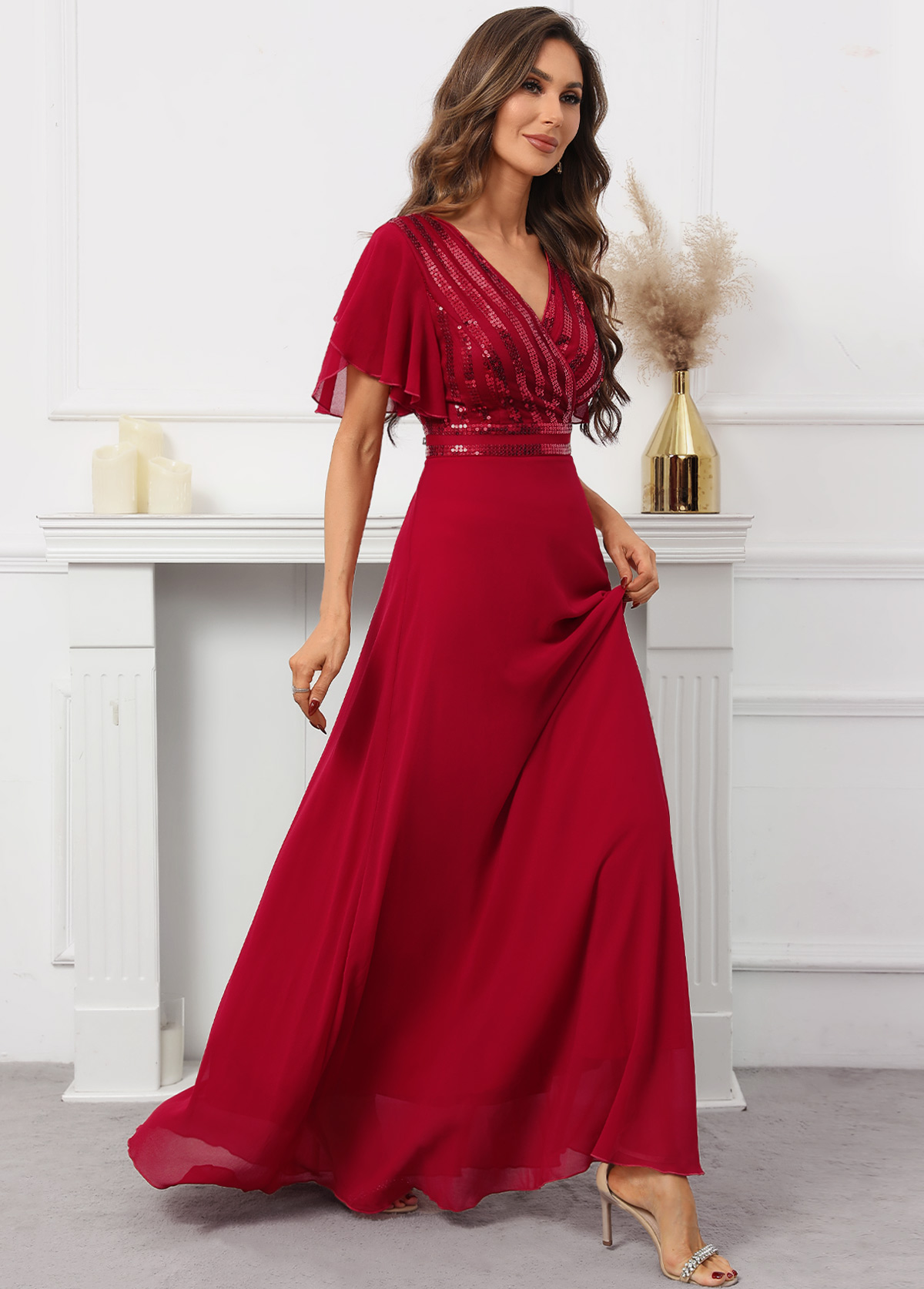 Sequin Red Short Sleeve V Neck Dress