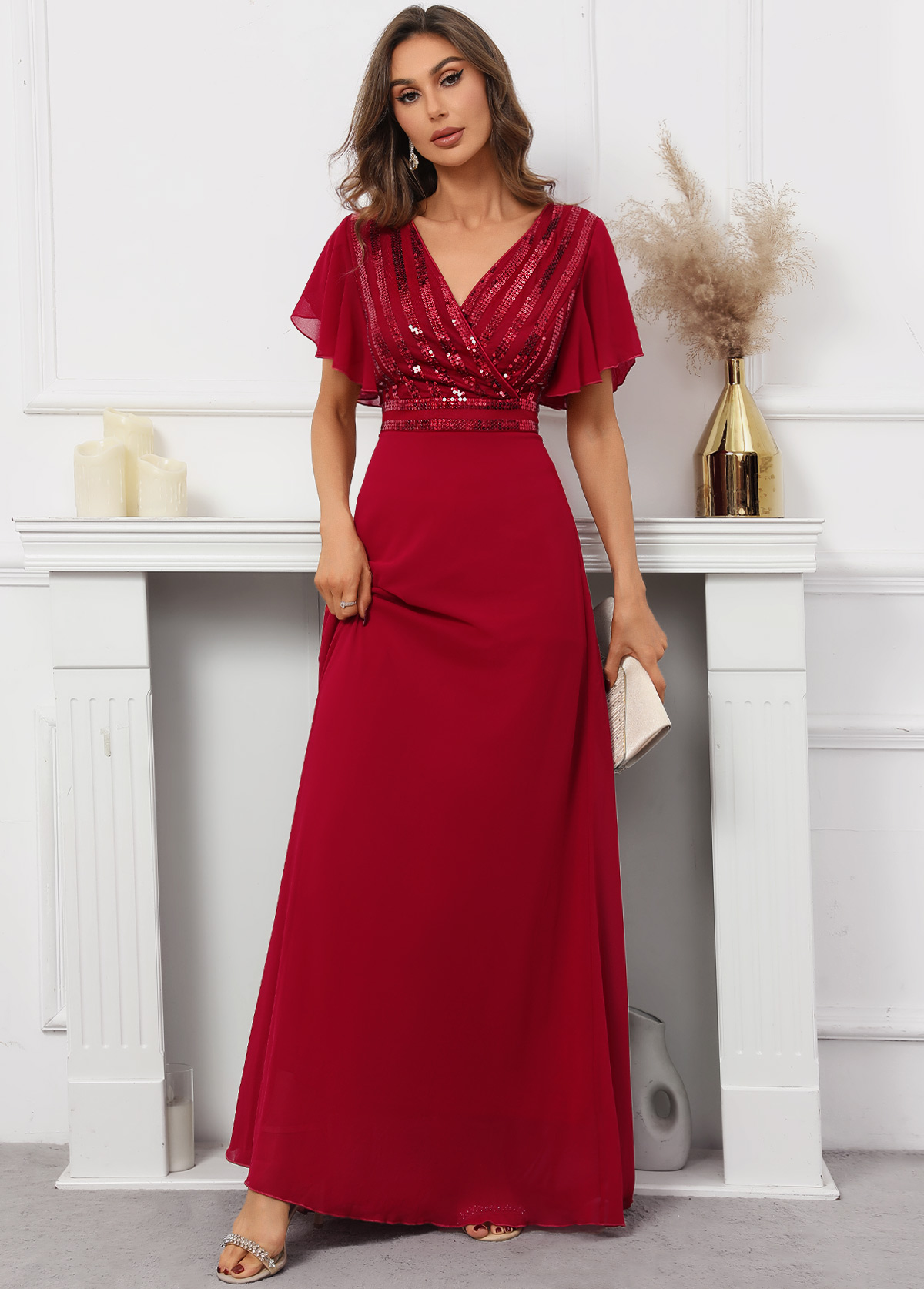 Sequin Red Short Sleeve V Neck Dress | Rosewe.com - USD $41.98