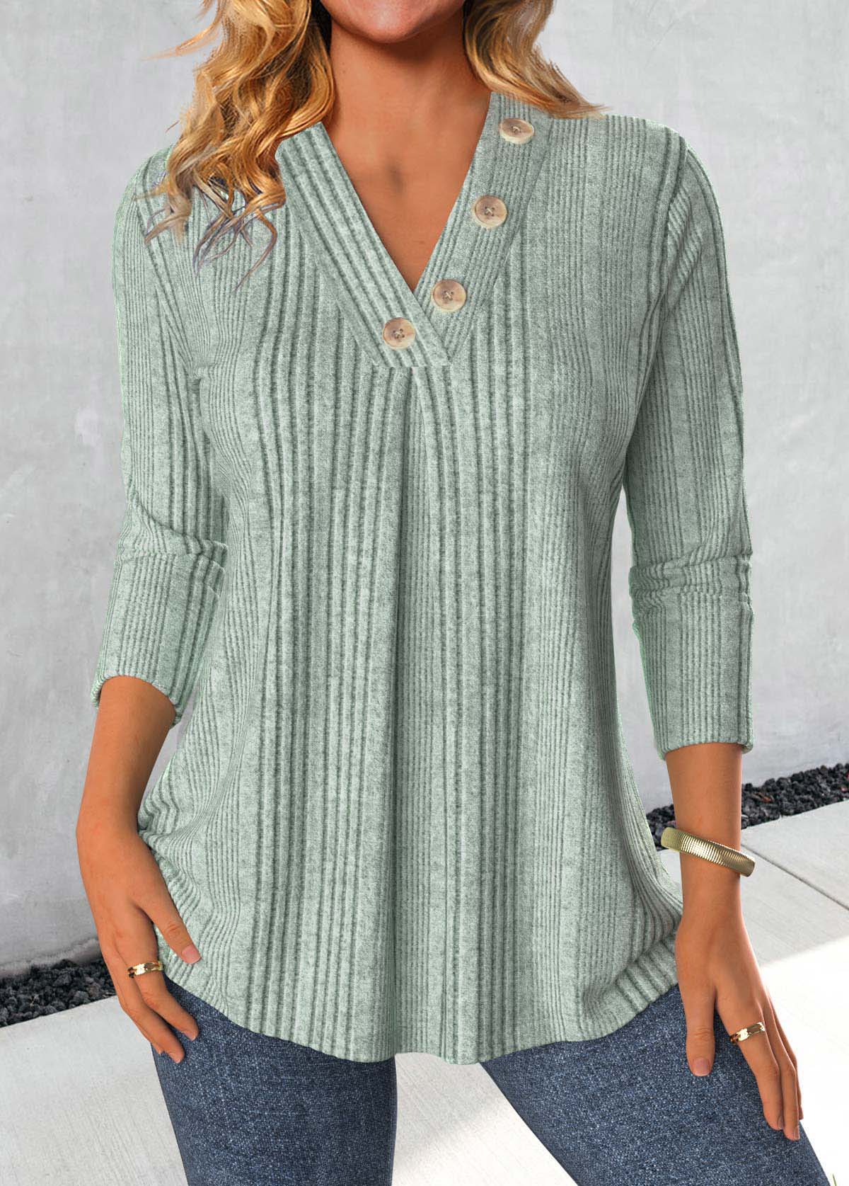 Button Sage Green Long Sleeve V Neck T Shirt