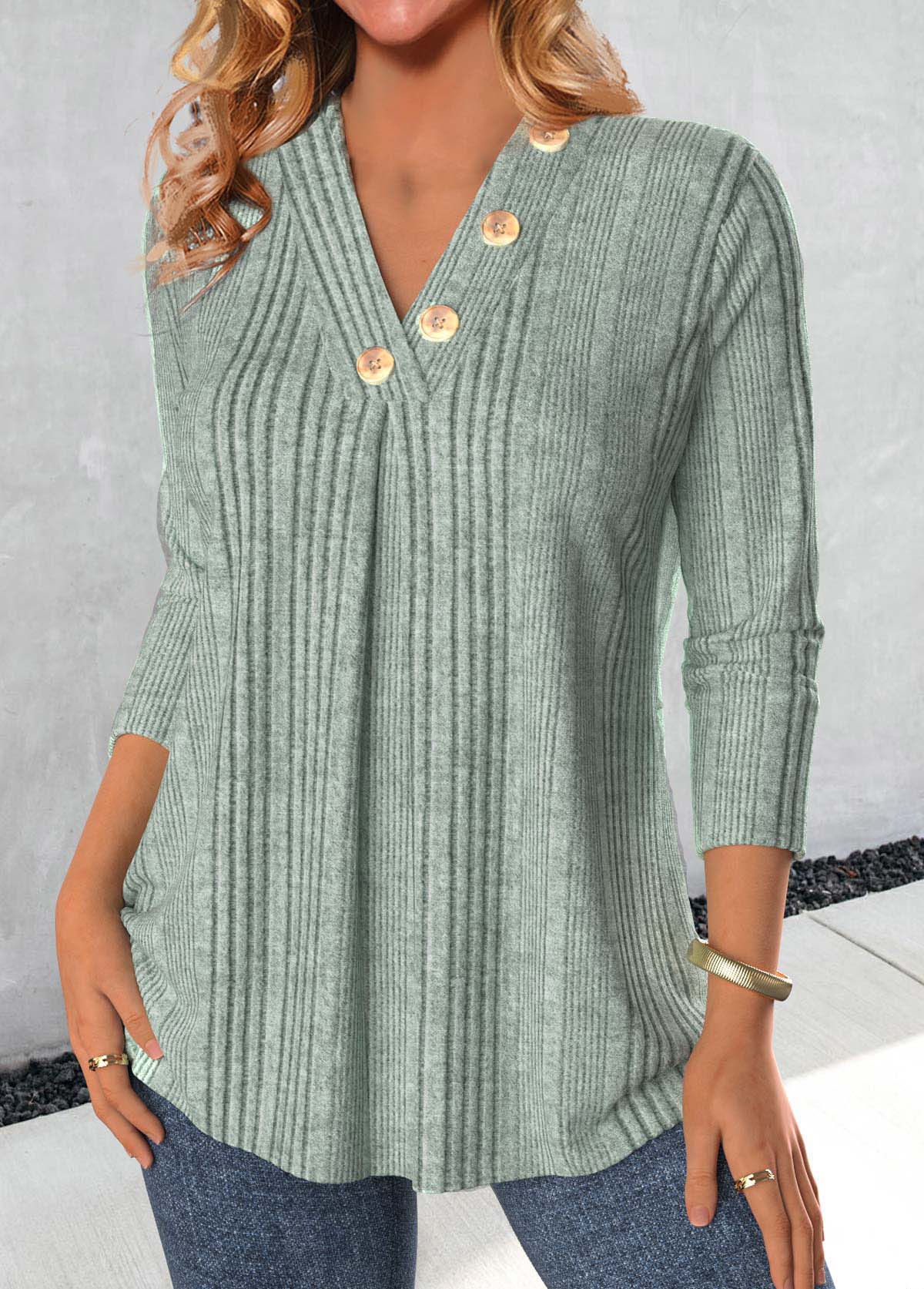 Button Sage Green Long Sleeve V Neck T Shirt