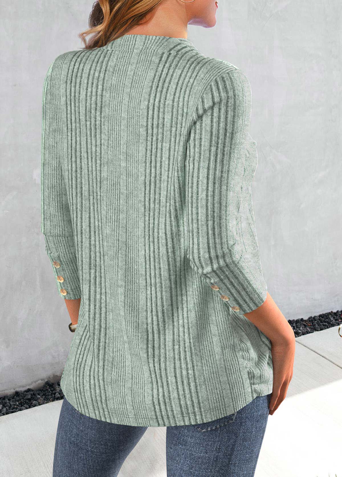 Button Sage Green Long Sleeve V Neck T Shirt