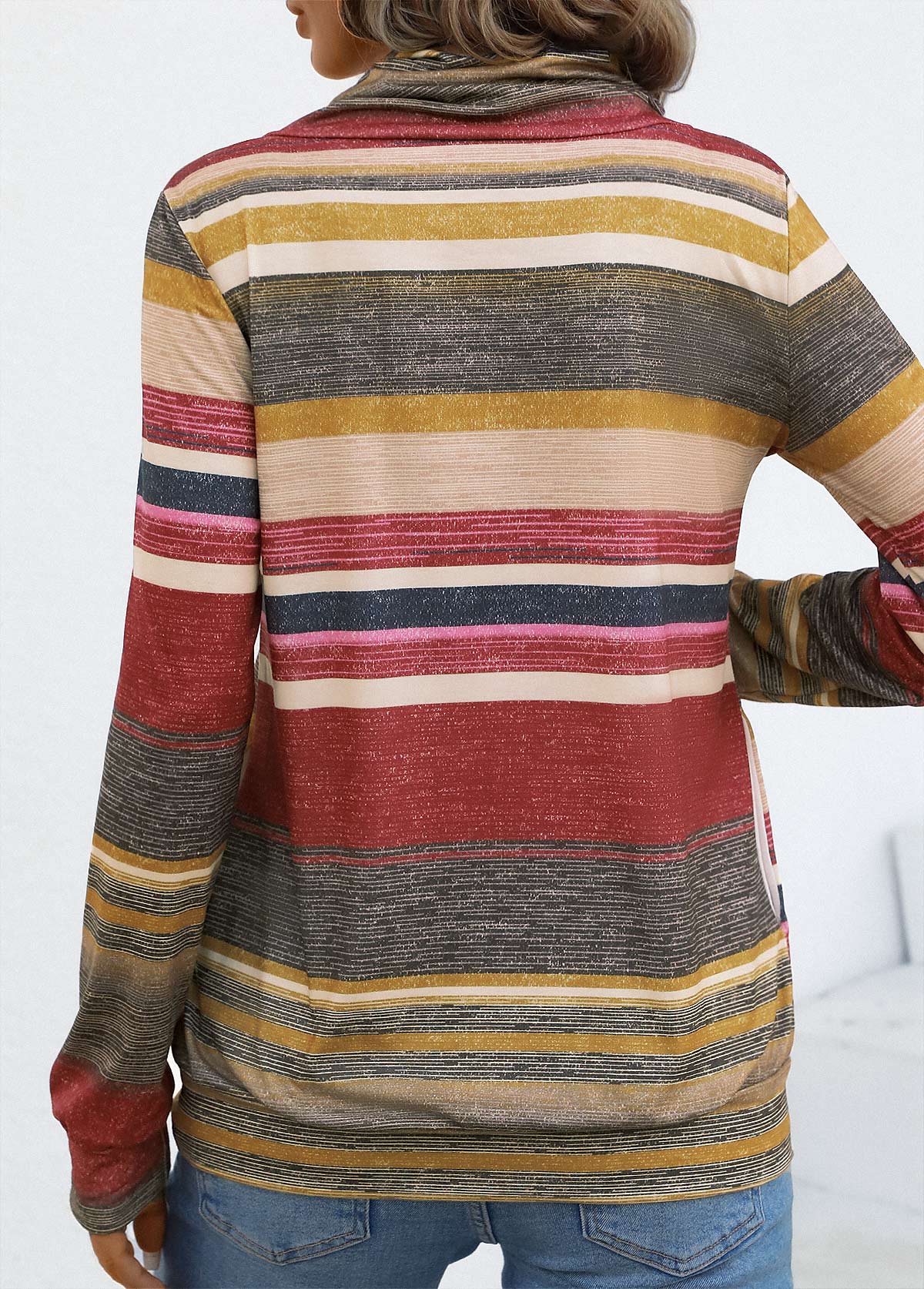 Multi Stripe Print Drawstring Coral Cowl Neck T Shirt