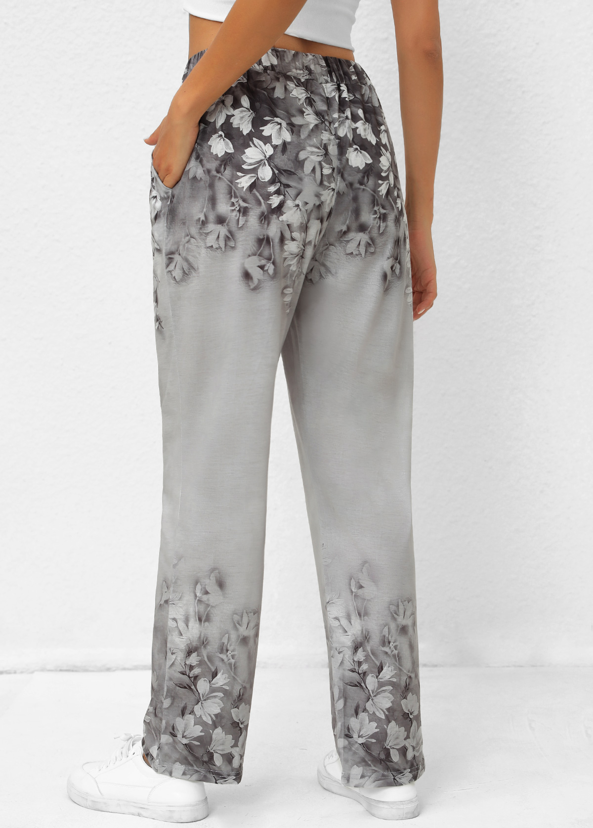 Random Floral Print Pocket Grey Elastic Waist Pants