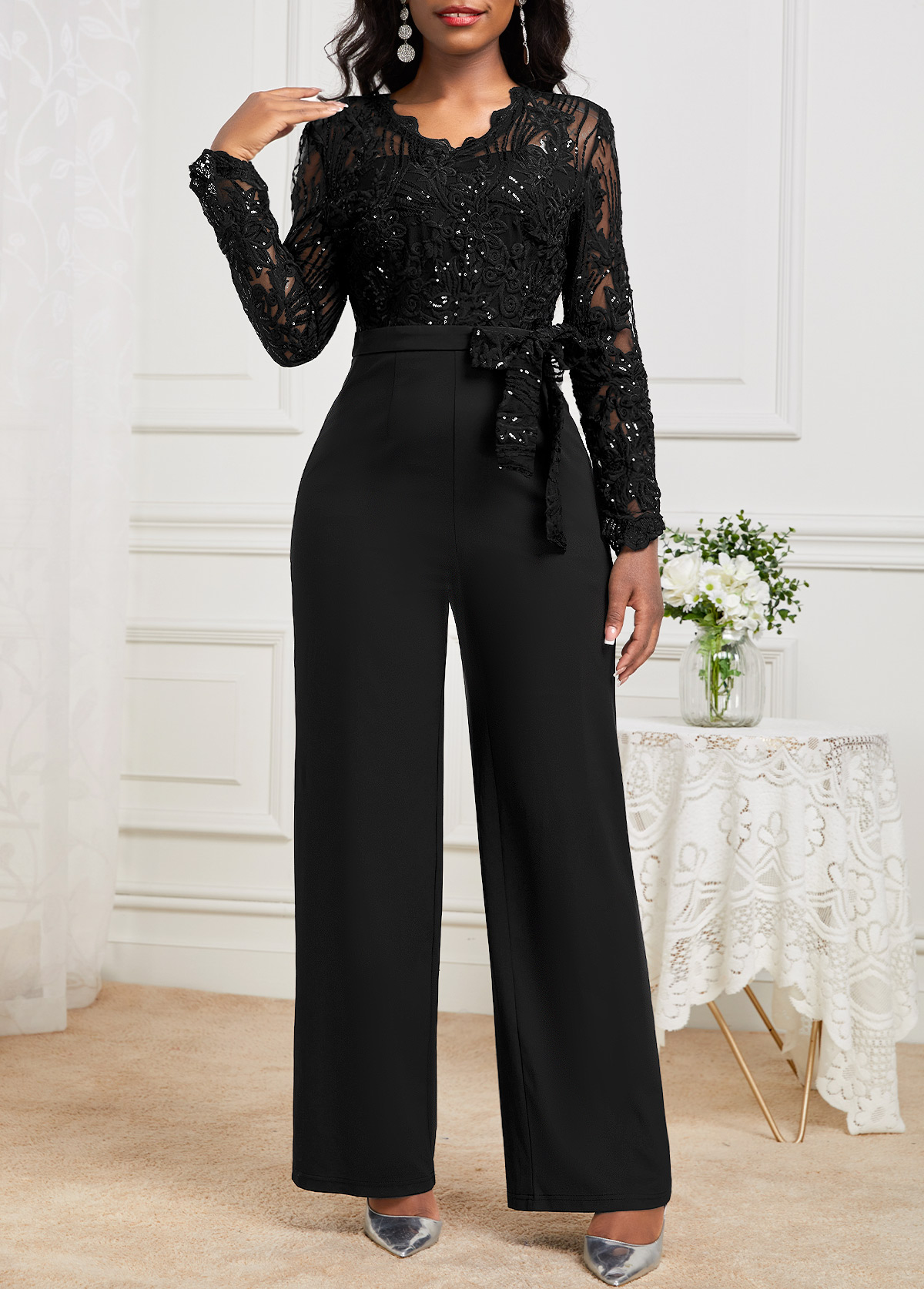 Lace Belted Black Long V Neck Jumpsuit | Rosewe.com - USD $46.98