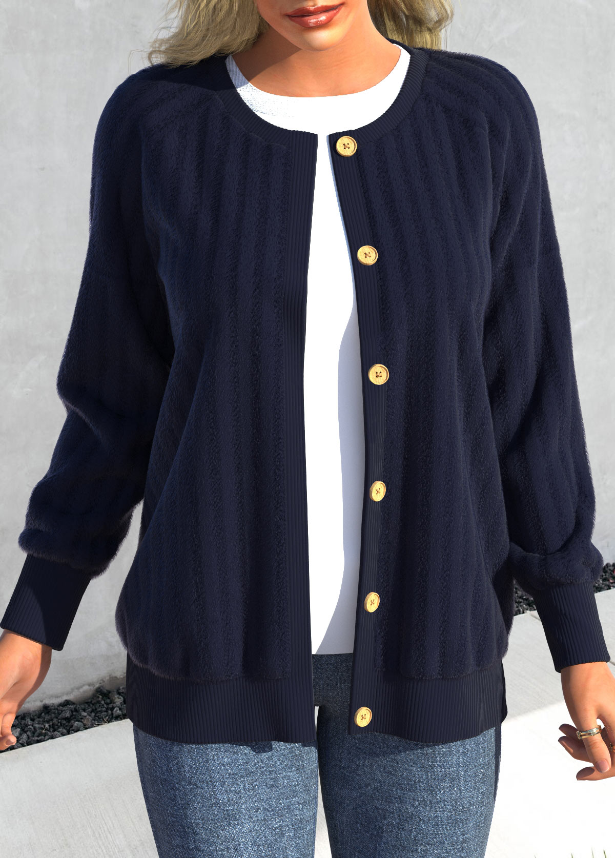 Long Sleeve Button Blue Round Neck Coat
