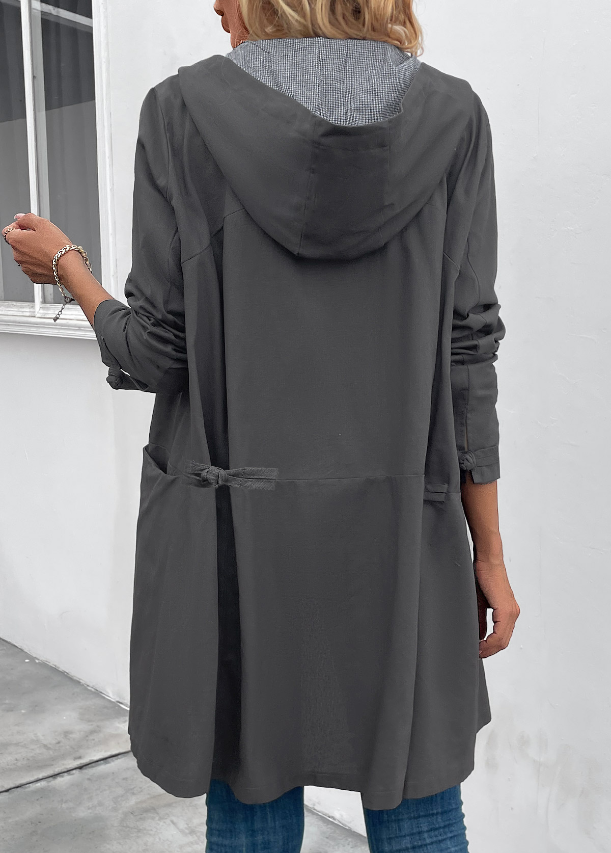 Pocket Dark Grey Long Sleeve Hooded Coat
