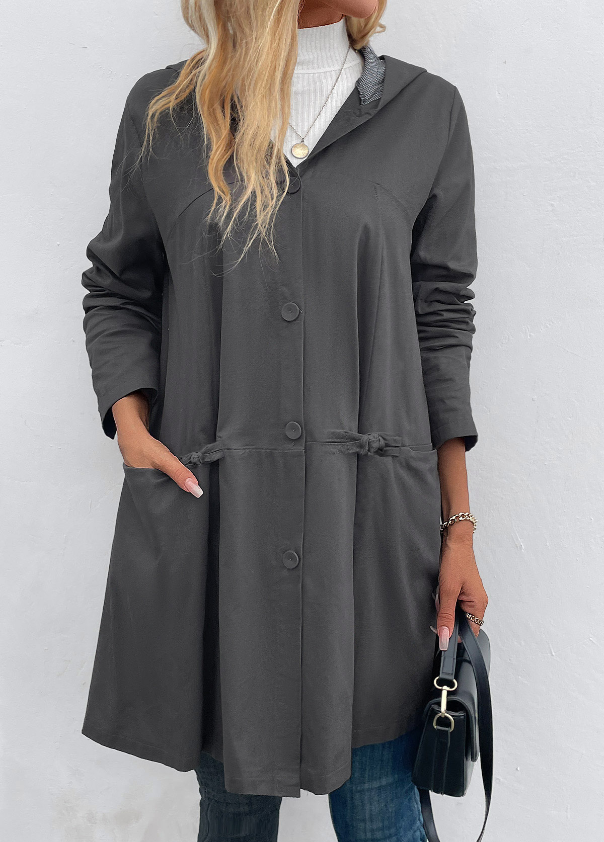 Pocket Dark Grey Long Sleeve Hooded Coat