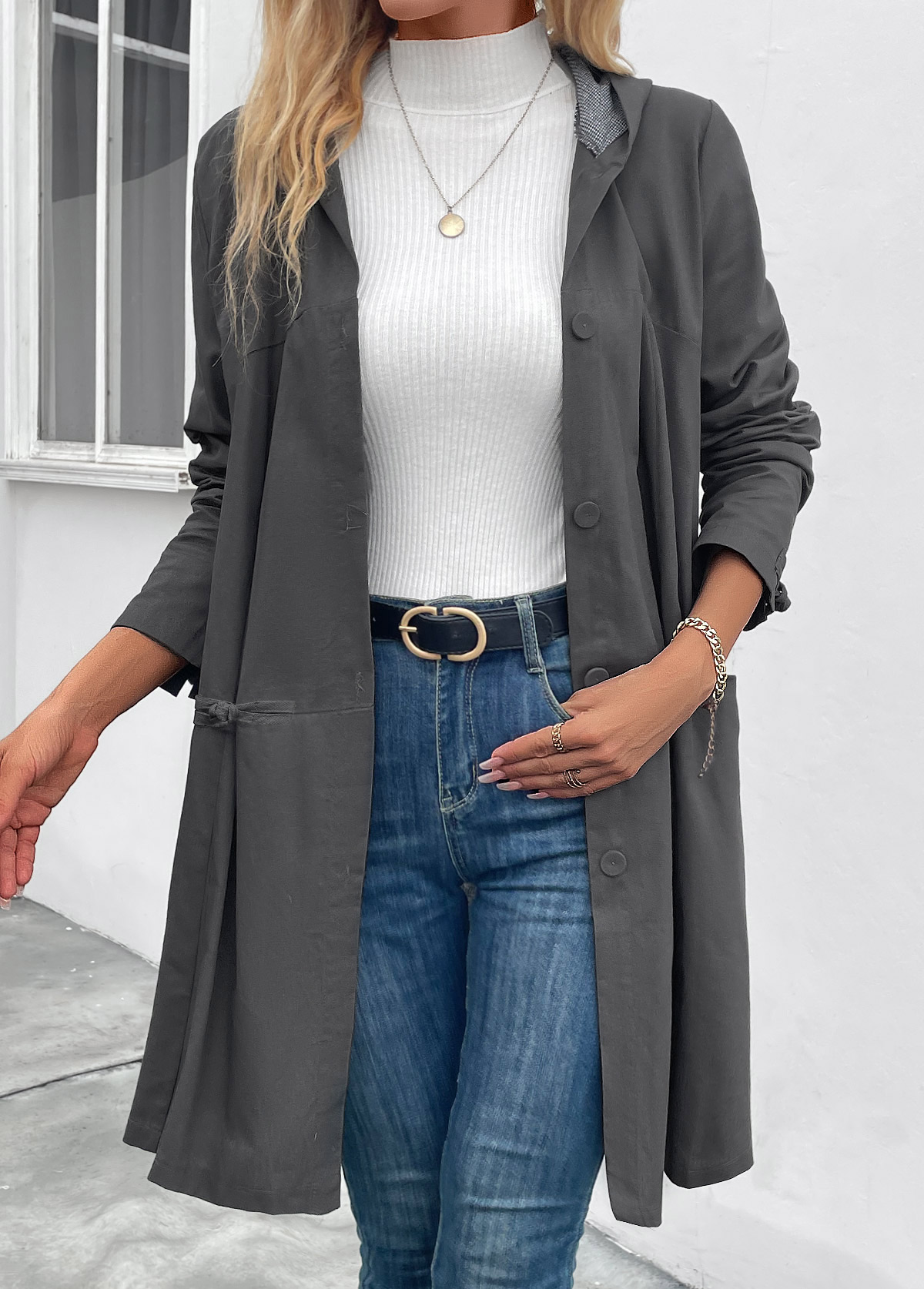 Pocket Dark Grey Long Sleeve Hooded Coat