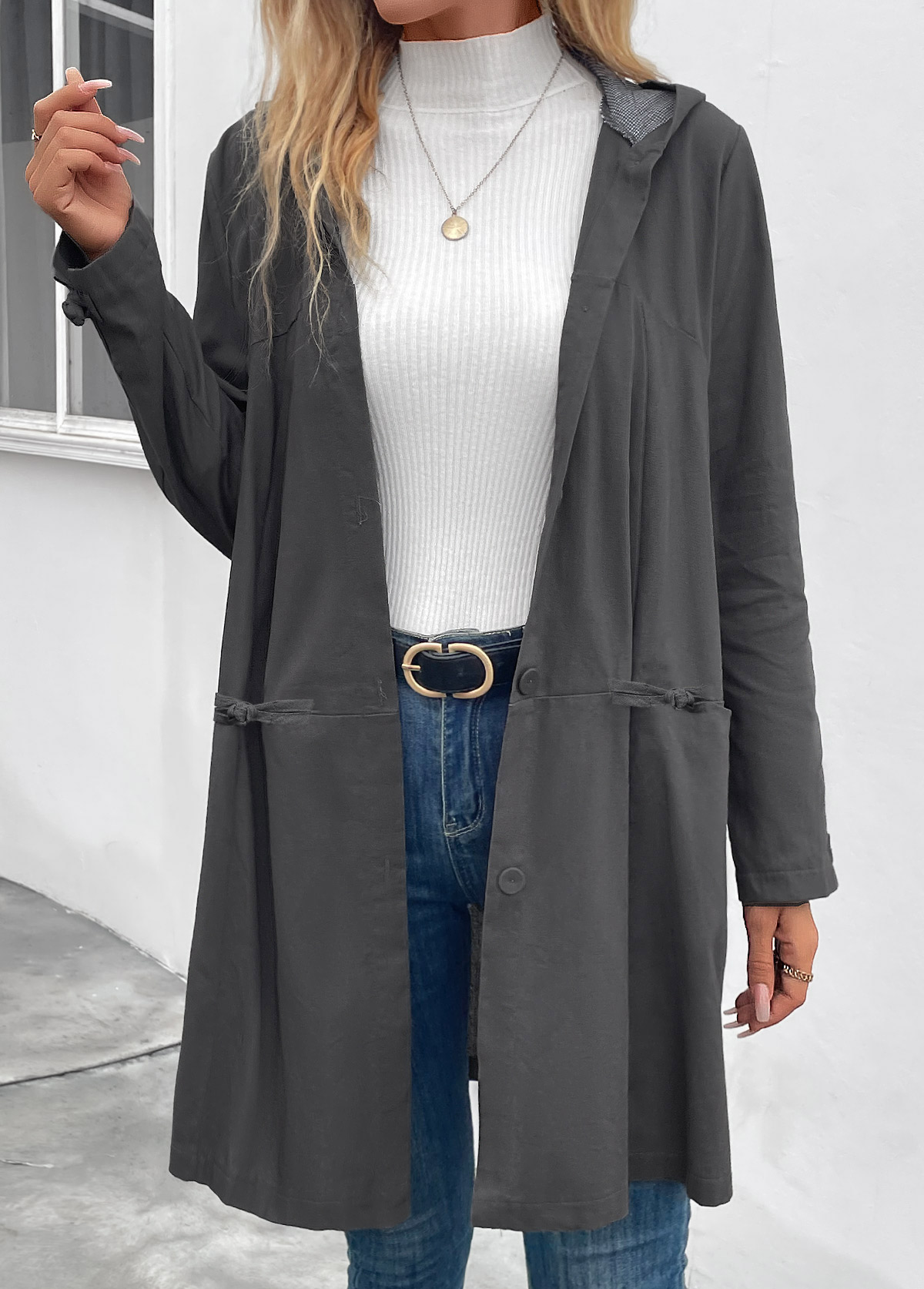 Pocket Dark Grey Long Sleeve Hooded Coat