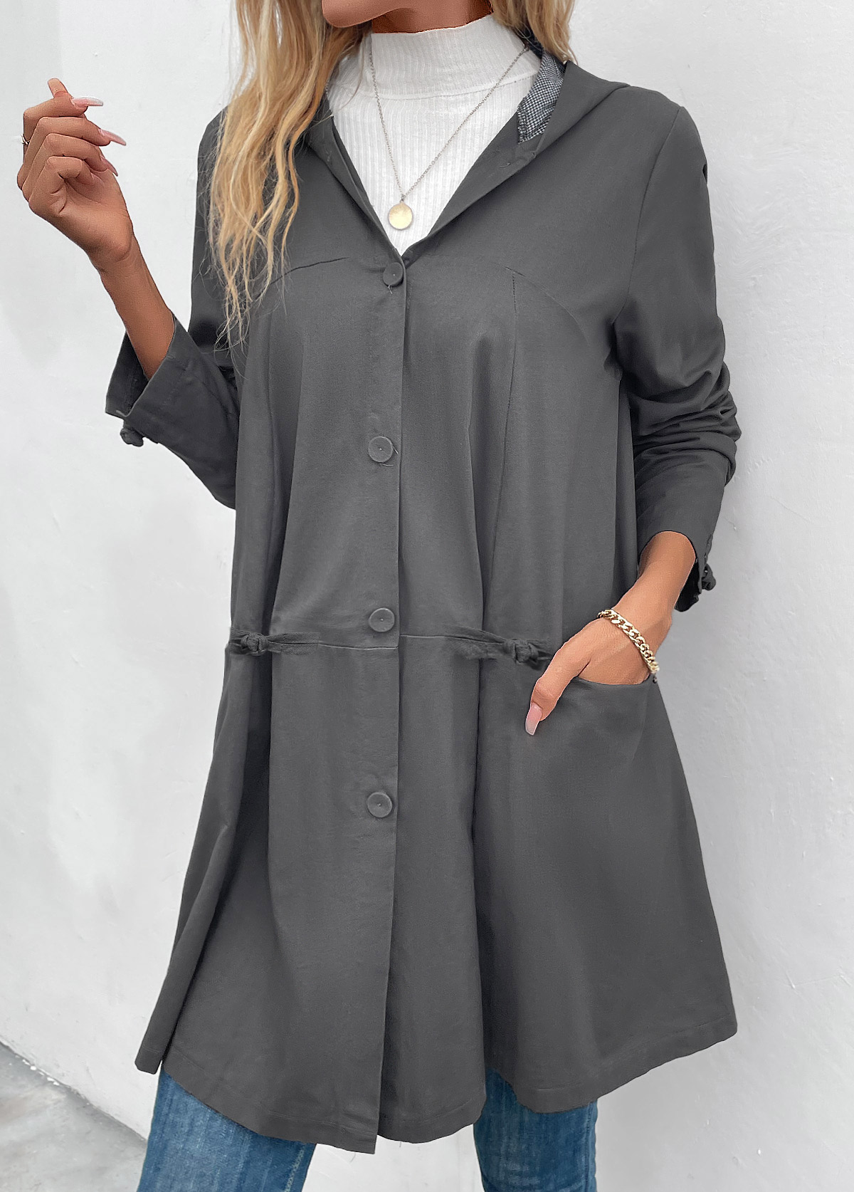 Pocket Dark Grey Long Sleeve Hooded Coat