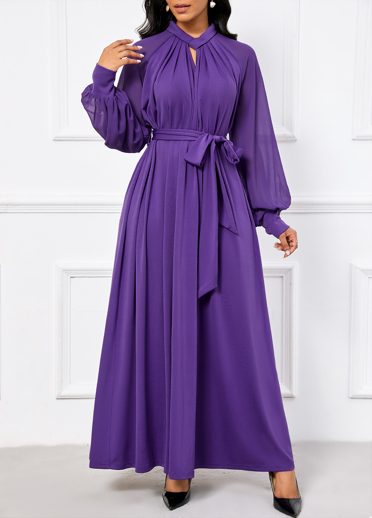 Criss Cross Belted Purple Long Sleeve Maxi Dress