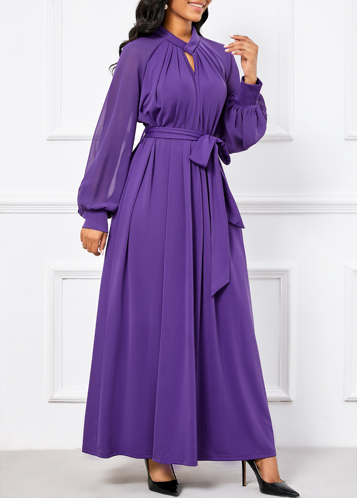 Criss Cross Belted Purple Long Sleeve Maxi Dress