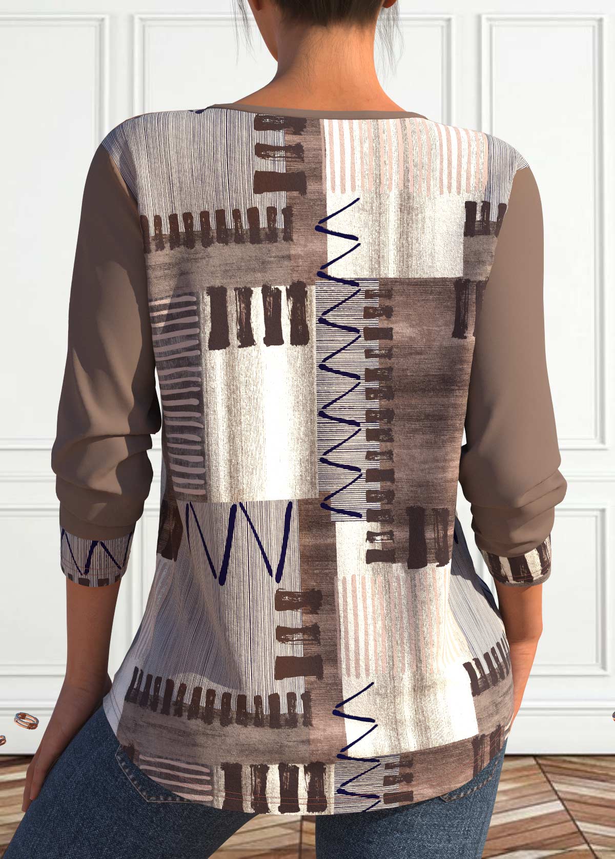 Geometric Print Lace Up Light Coffee Long Sleeve Sweatshirt