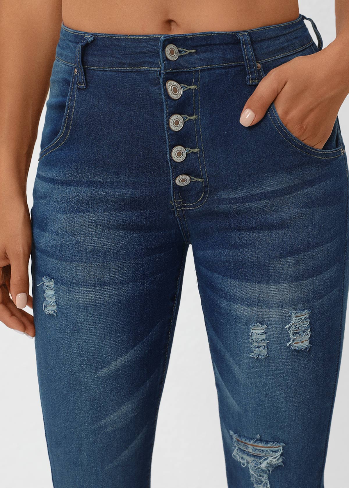 Button Pocket Denim Blue Flare Leg Fly Jeans