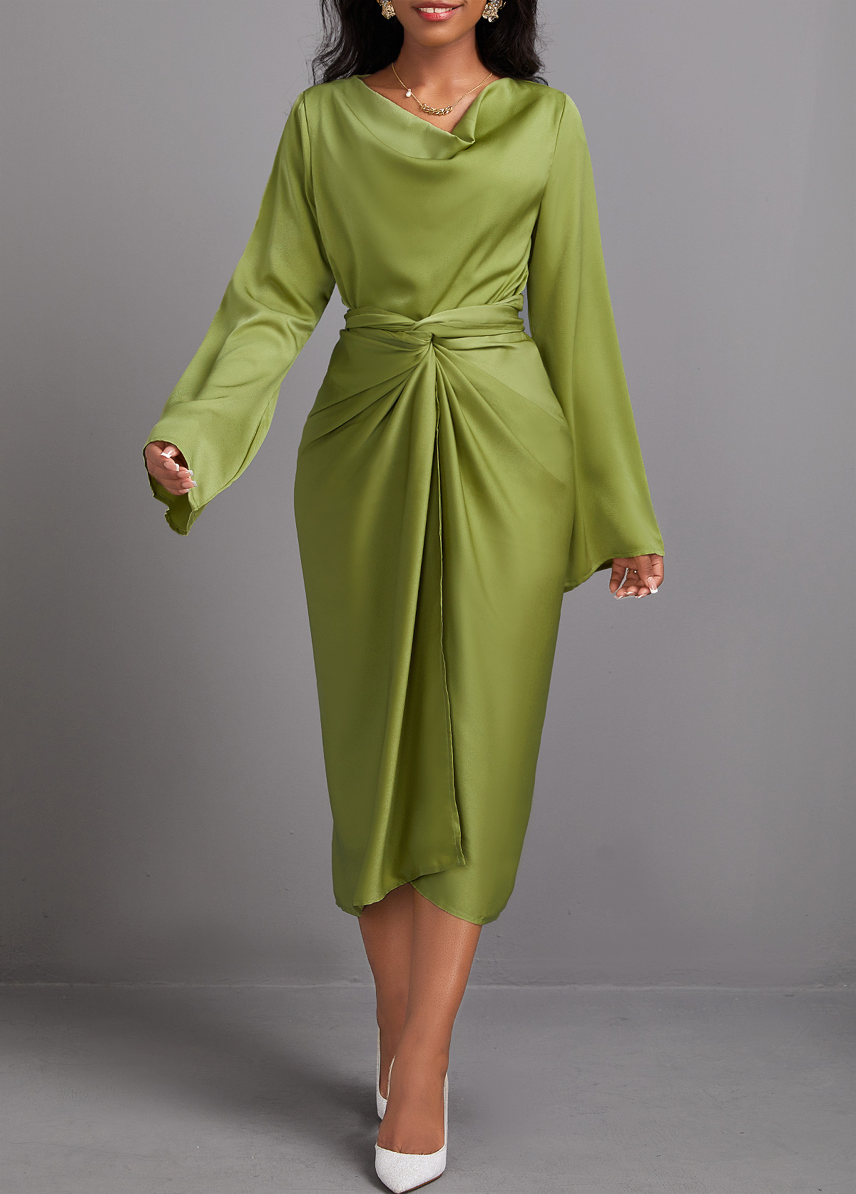 Two Piece Avocado Green Long Sleeve Top and Bodycon Skirt