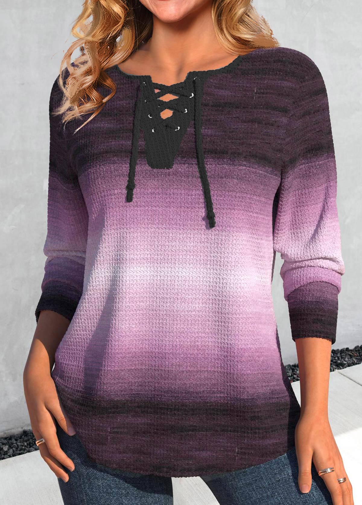 Ombre Lace Up Purple Long Sleeve T Shirt