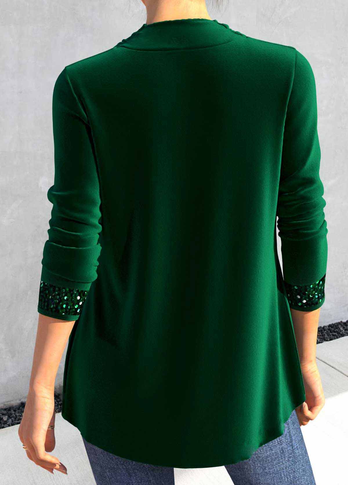 Sequin Blackish Green Long Sleeve Cowl Neck T Shirt
