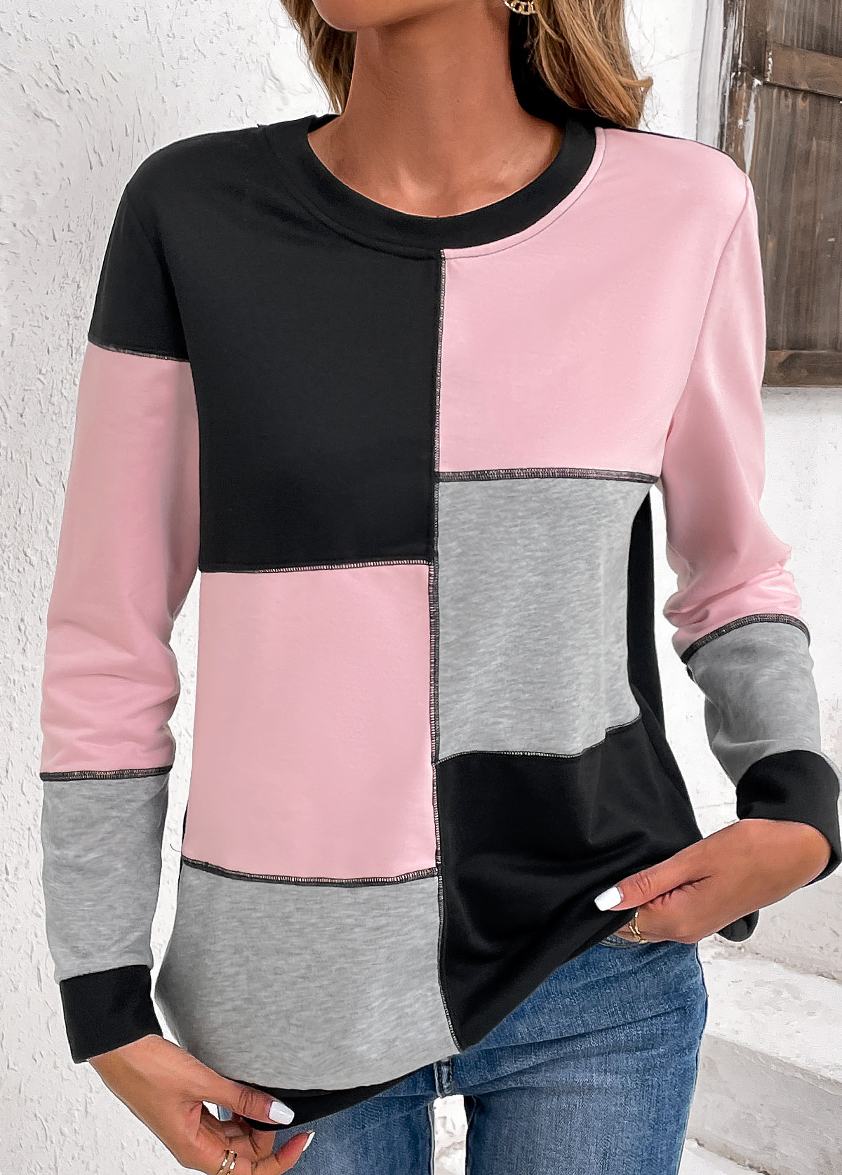 Patchwork Round Neck Long Sleeve Light Pink Sweatshirt