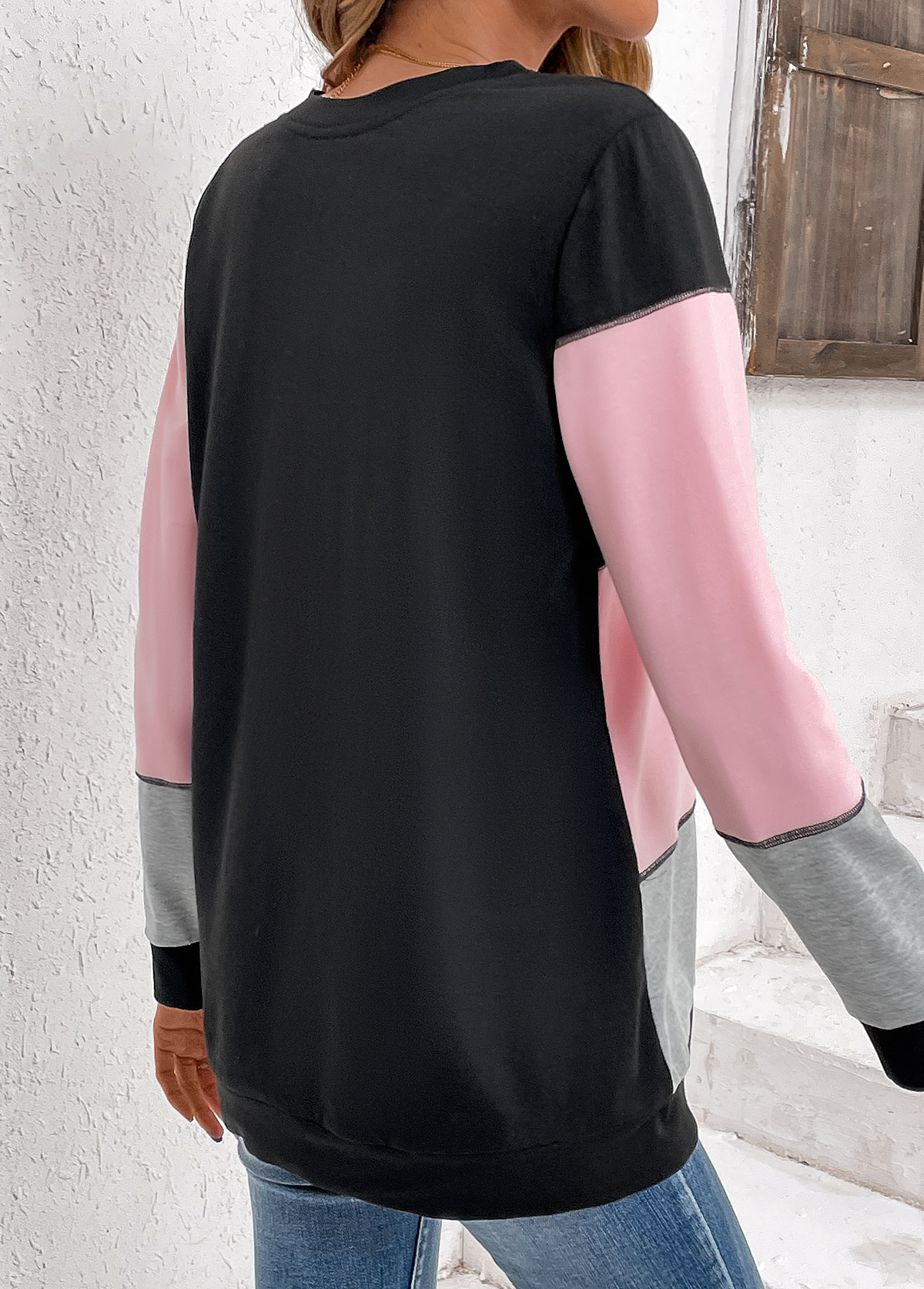 Patchwork Round Neck Long Sleeve Light Pink Sweatshirt