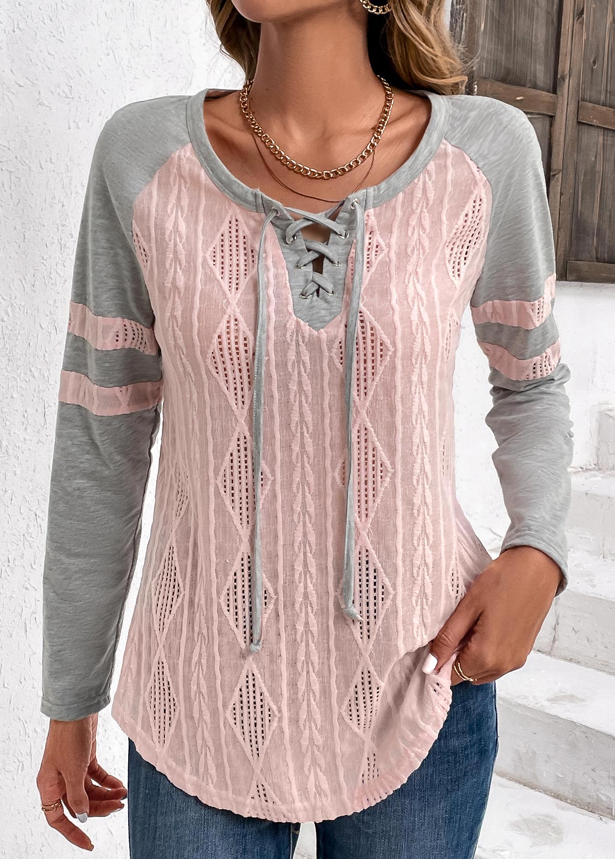 Plus Size Light Pink Twisted Long Sleeve T Shirt