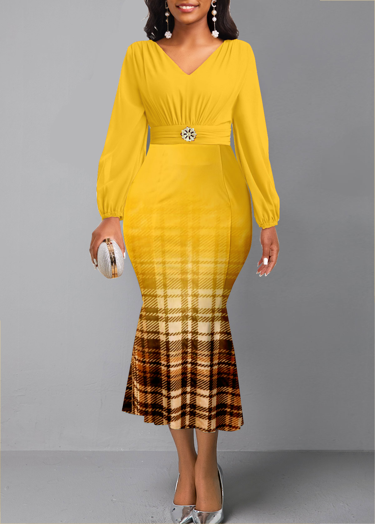 Plaid Yellow Long Sleeve V Neck Mermaid Dress
