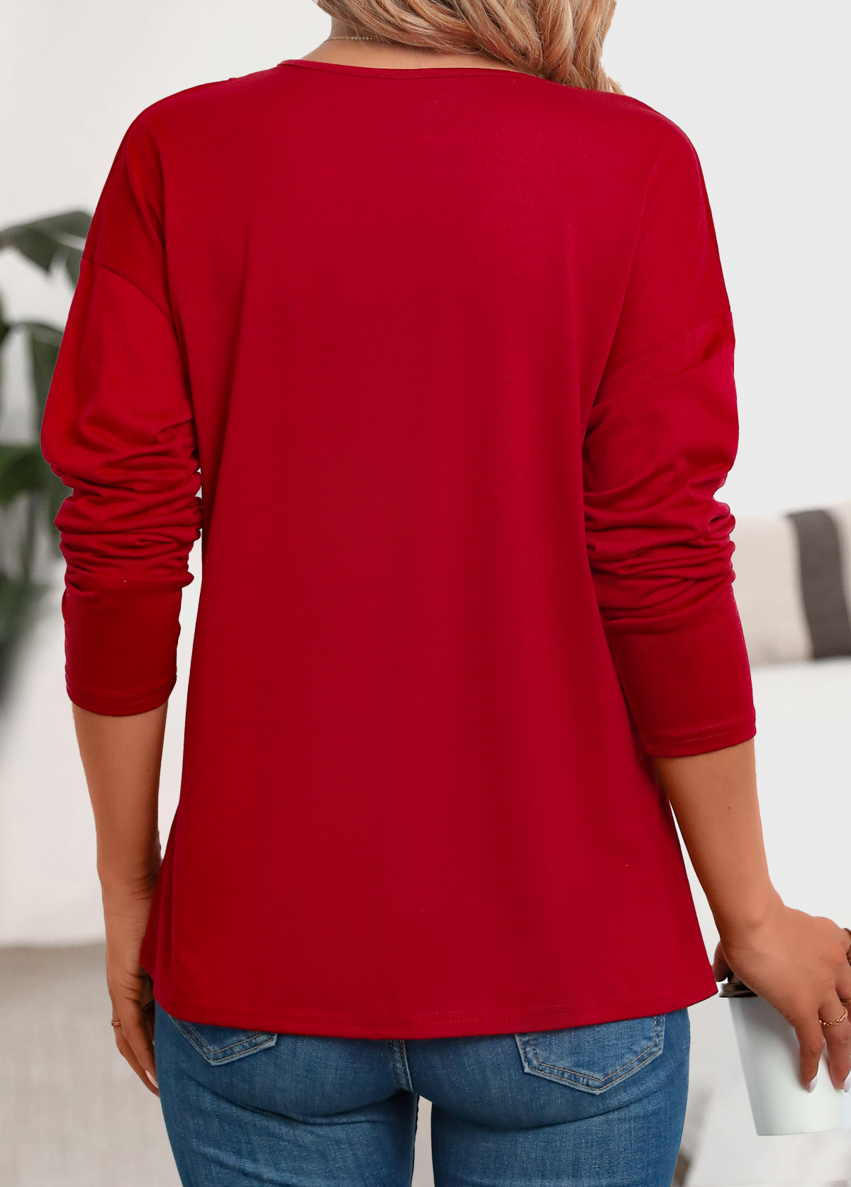 Patchwork Red Long Sleeve V Neck T Shirt
