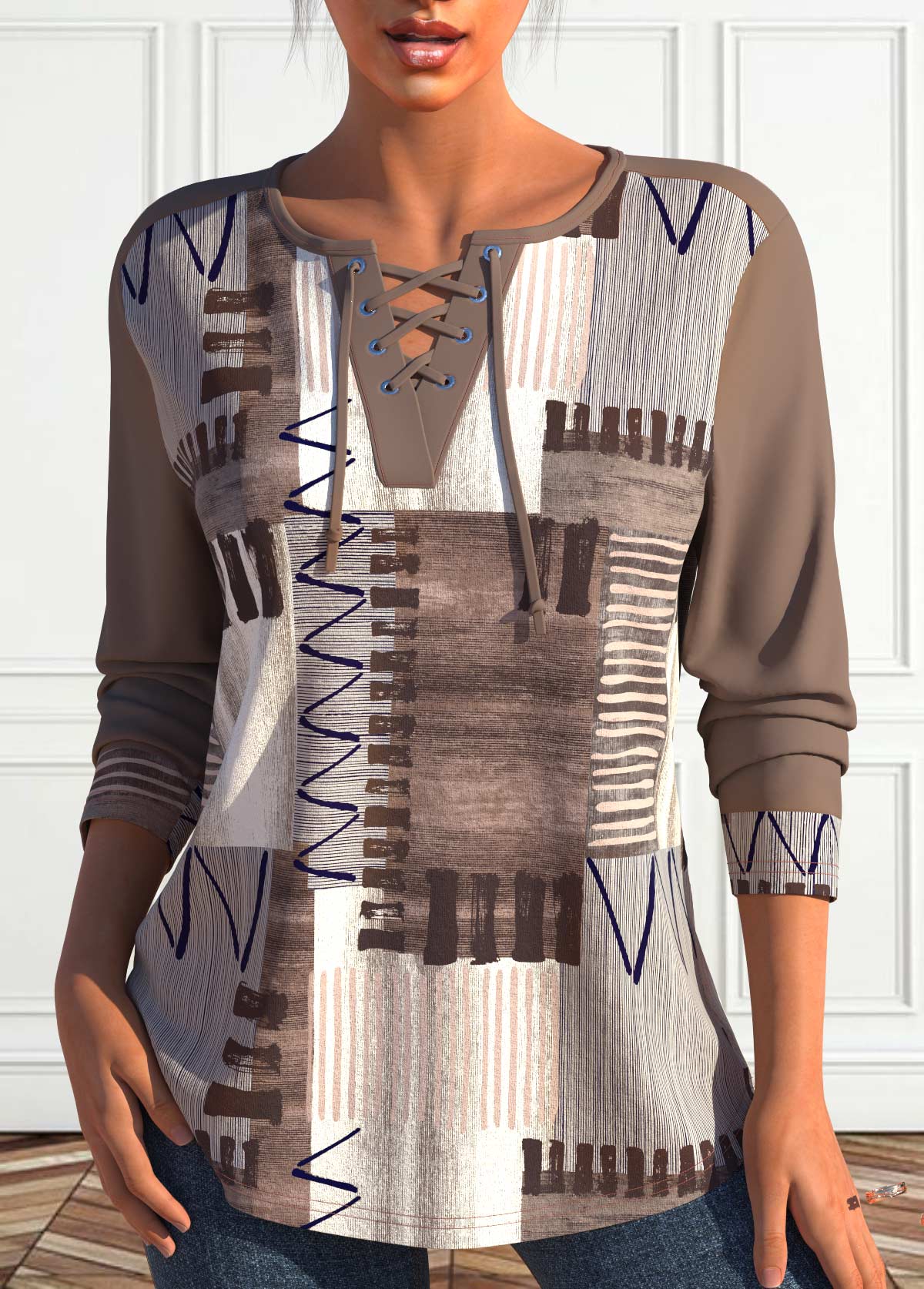 Plus Size Light Coffee Lace Up Geometric Print Sweatshirt