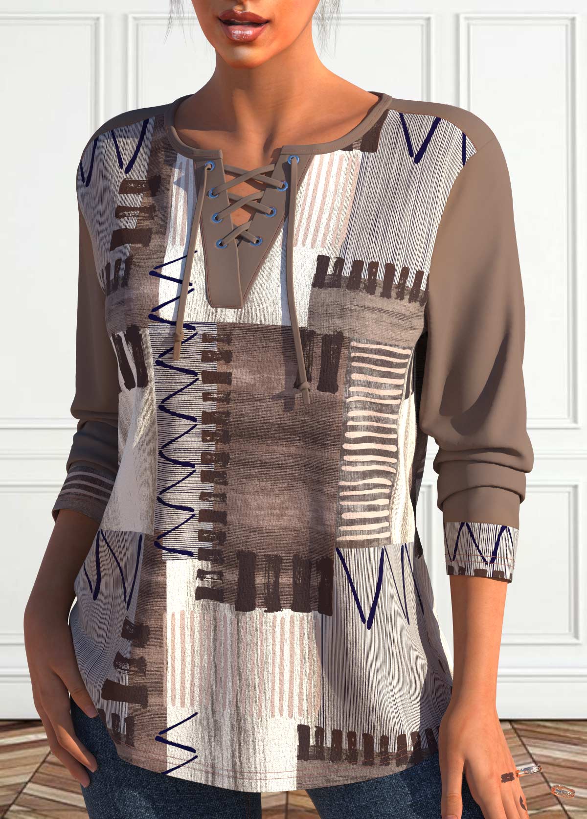Plus Size Light Coffee Lace Up Geometric Print Sweatshirt