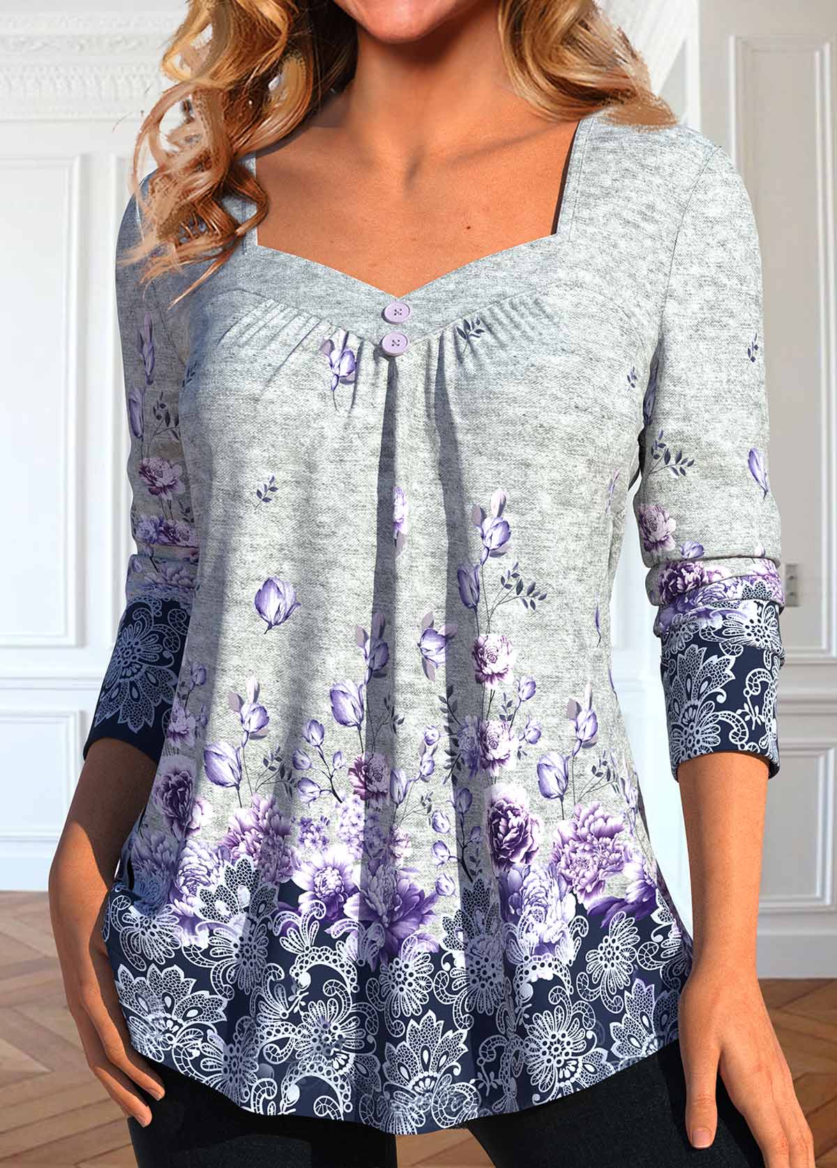 Floral Print Button Grey Long Sleeve T Shirt