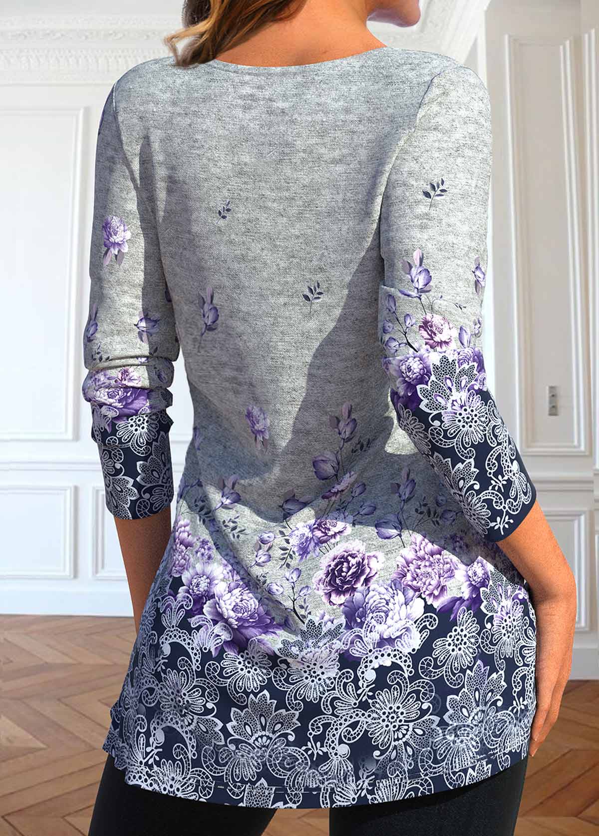 Floral Print Button Grey Long Sleeve T Shirt