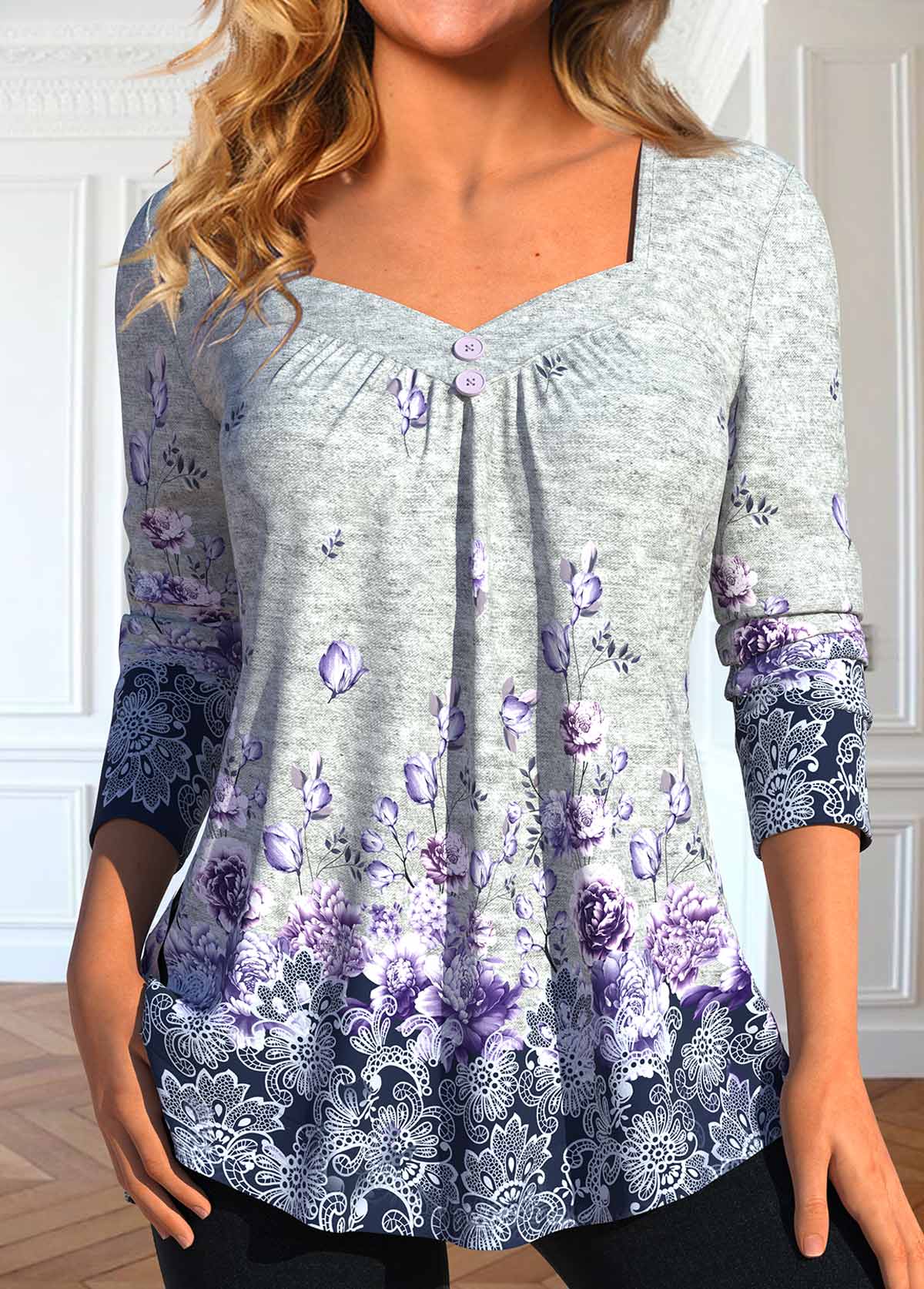 Floral Print Button Grey Long Sleeve T Shirt