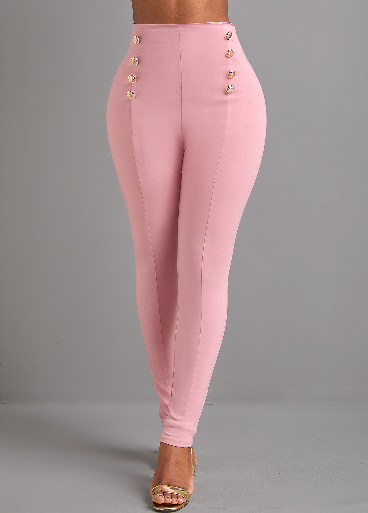 High Waisted Button Pink Skinny Elastic Waist Pants