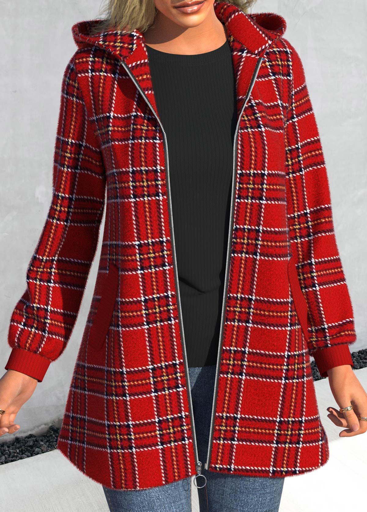 Plaid Pocket Red Long Sleeve Hooded Coat