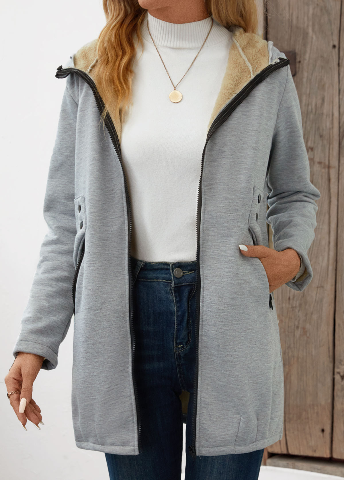 Pocket Grey Long Sleeve Hooded Coat