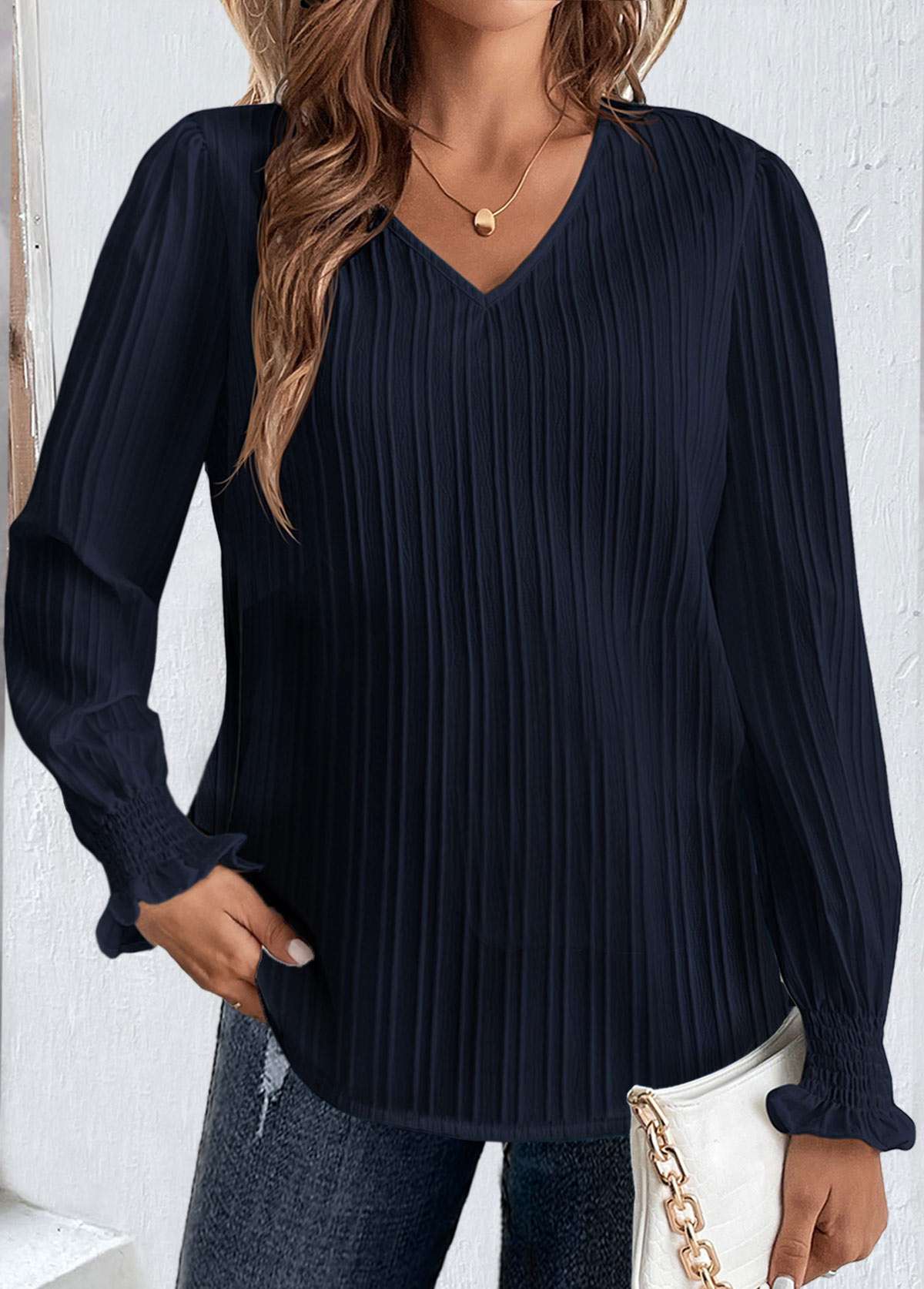 Smocked Navy Long Sleeve V Neck Blouse