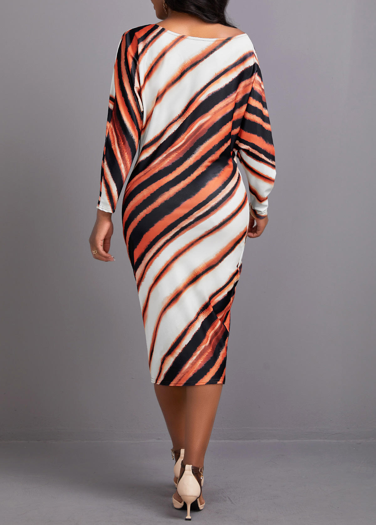 Striped Asymmetry Dark Coffee Long Sleeve Bodycon Dress