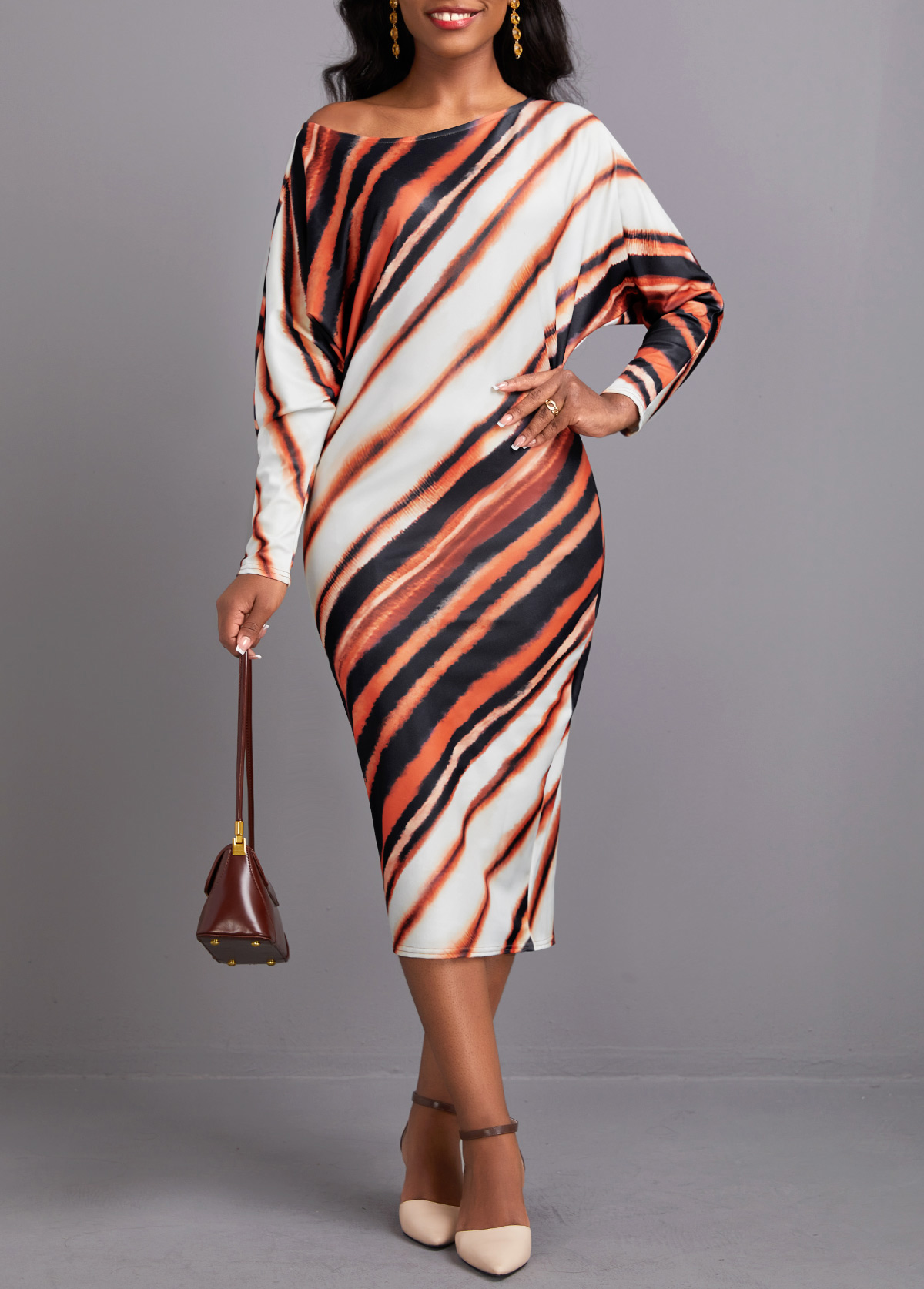 Striped Asymmetry Dark Coffee Long Sleeve Bodycon Dress