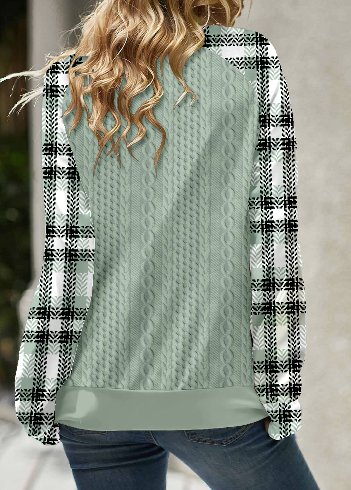 Plaid Lace Up Sage Green Long Sleeve Sweatshirt