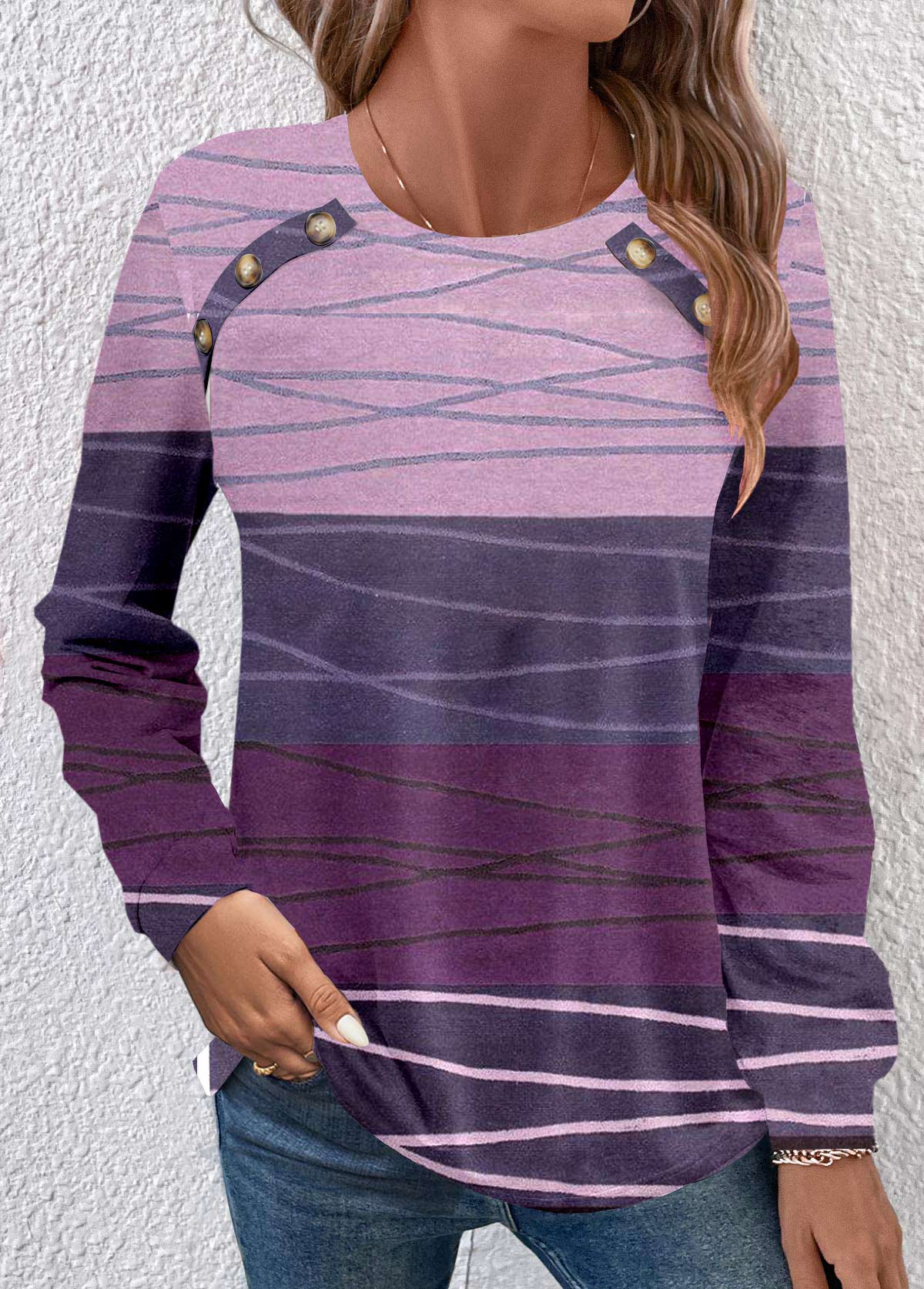 Plus Size Dark Reddish Purple Patchwork Long Sleeve Sweatshirt
