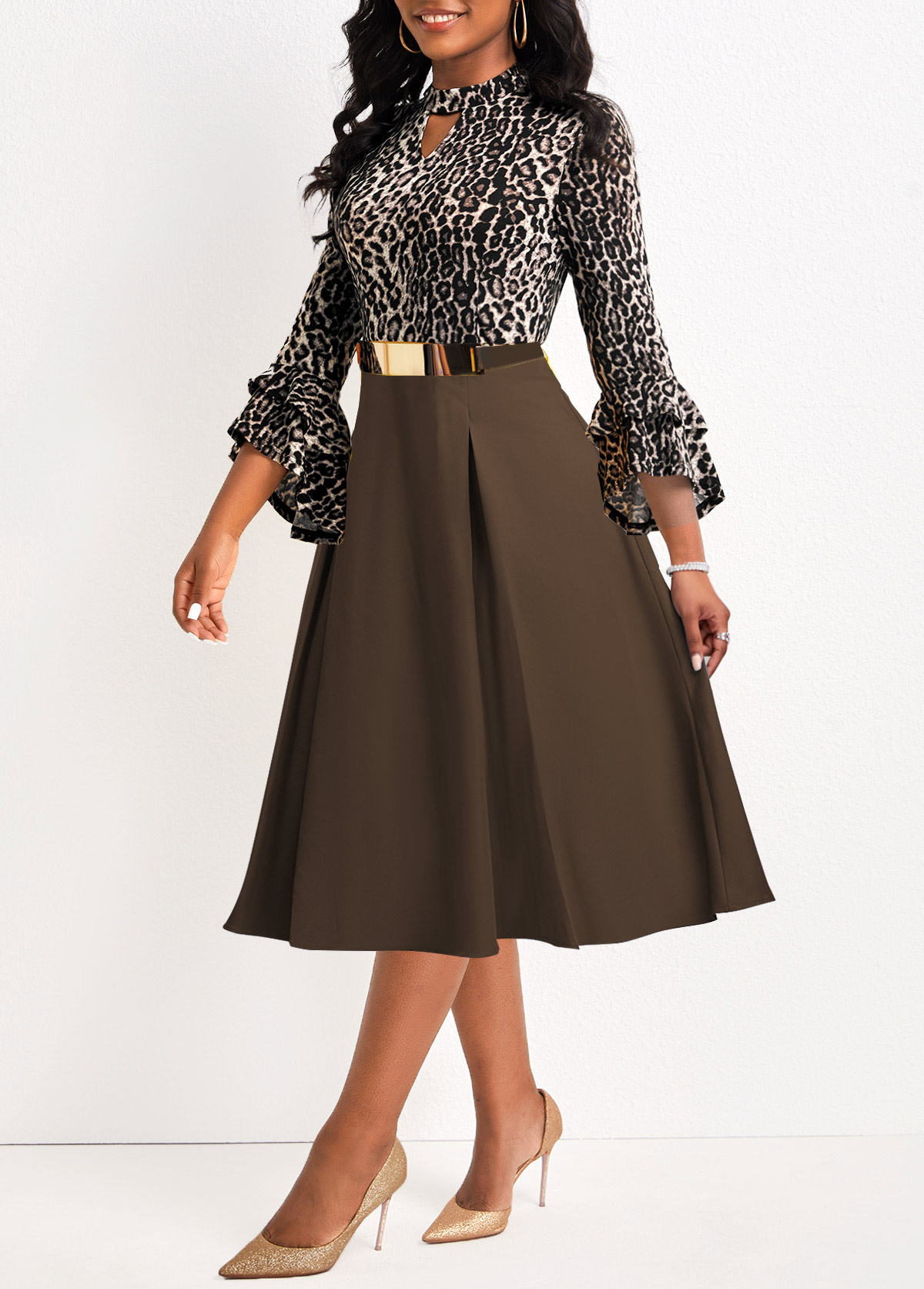 Leopard Patchwork Belted Dark Coffee Stand Collar Dress