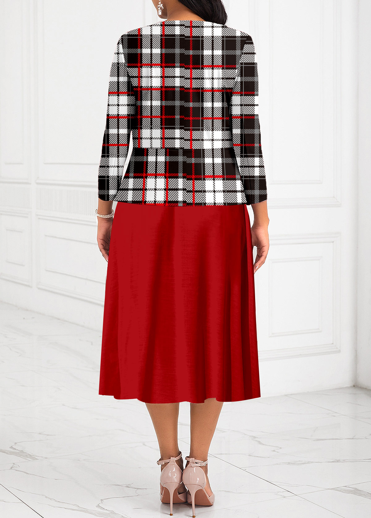 Plus Size Red Two Piece Plaid Belted Dress