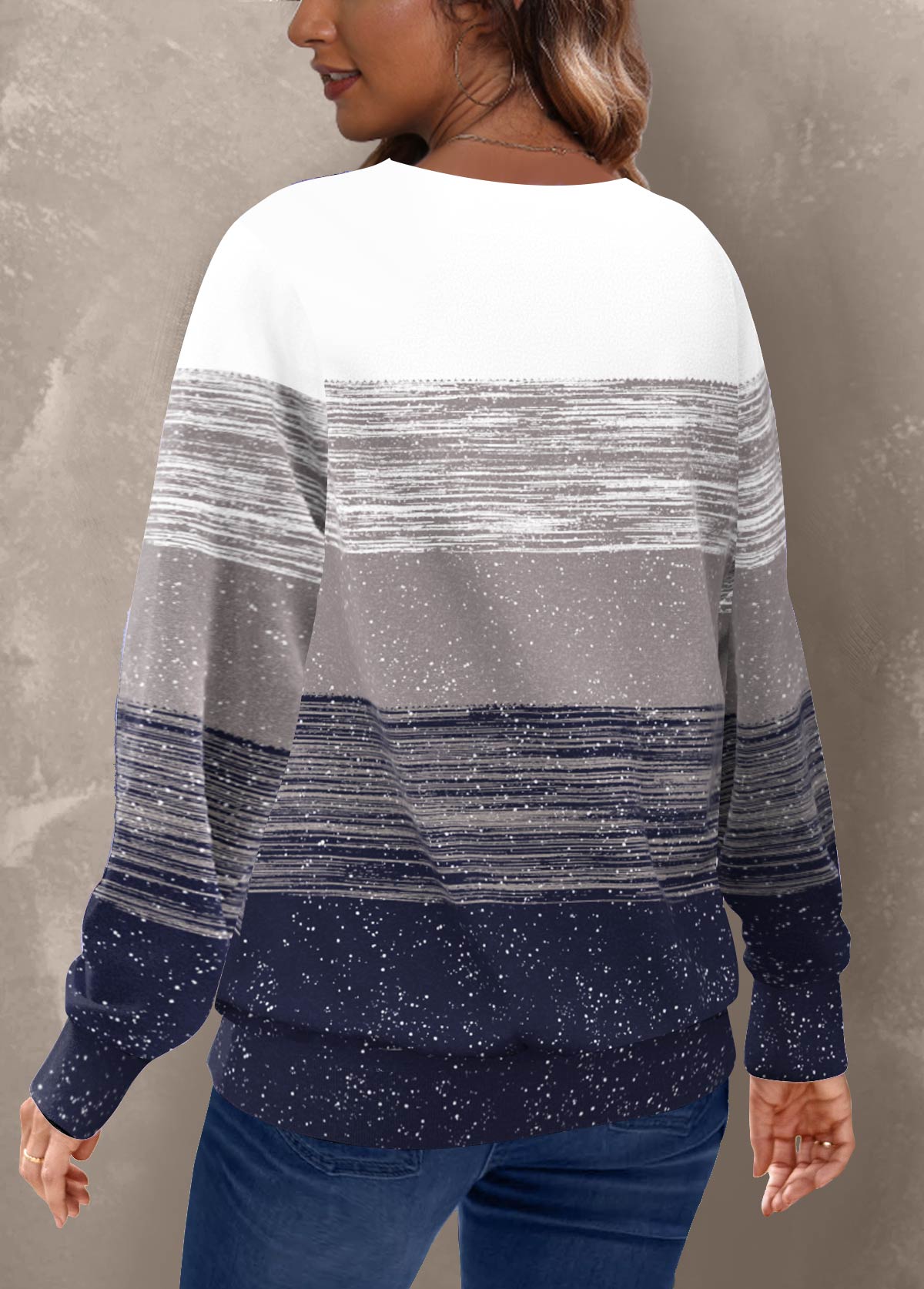 Geometric Print Navy Long Sleeve Round Neck Sweatshirt