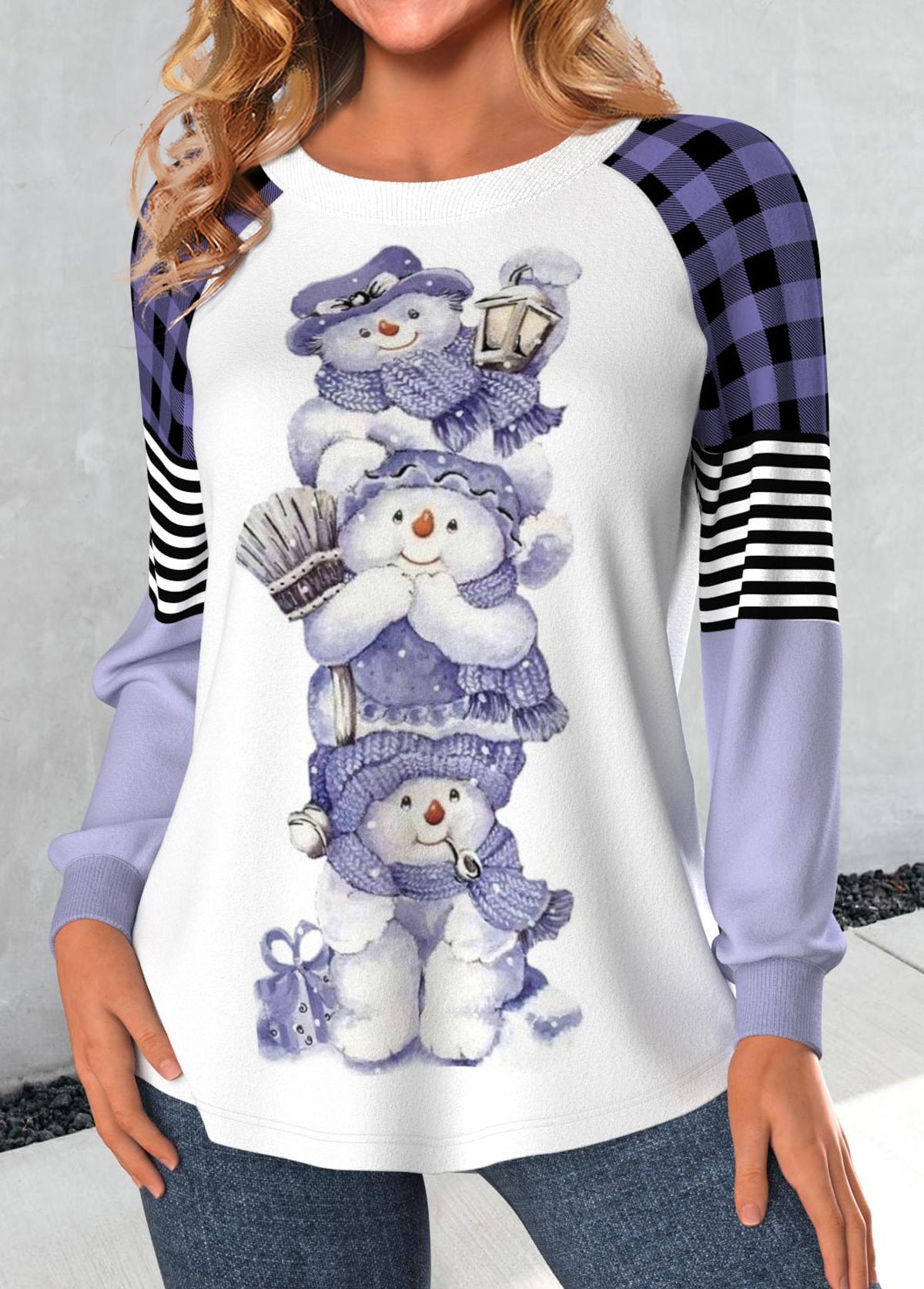 Plus Size Light Purple Patchwork Snowman Print T Shirt