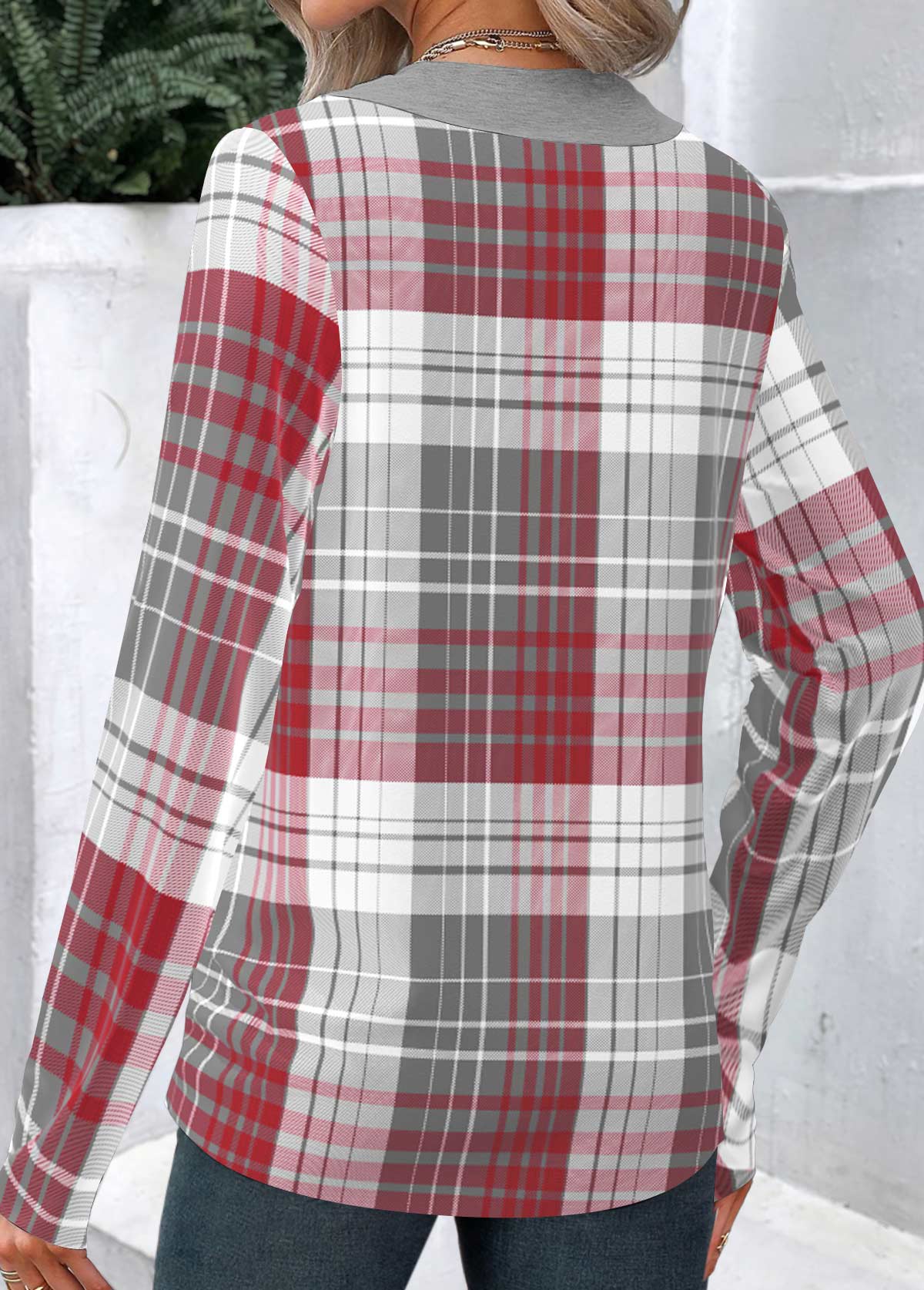 Plaid Patchwork Wine Red Long Sleeve Asymmetrical Neck Sweatshirt