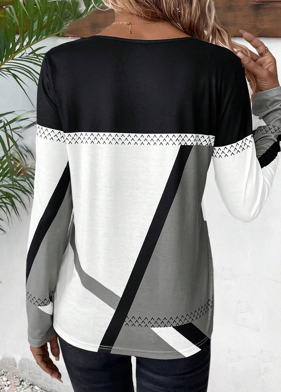 Geometric Print Patchwork Multi Color Long Sleeve T Shirt
