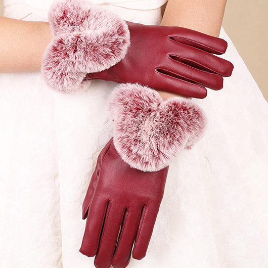 Wine Red Wrist Warming Faux Fur Full Finger Gloves
